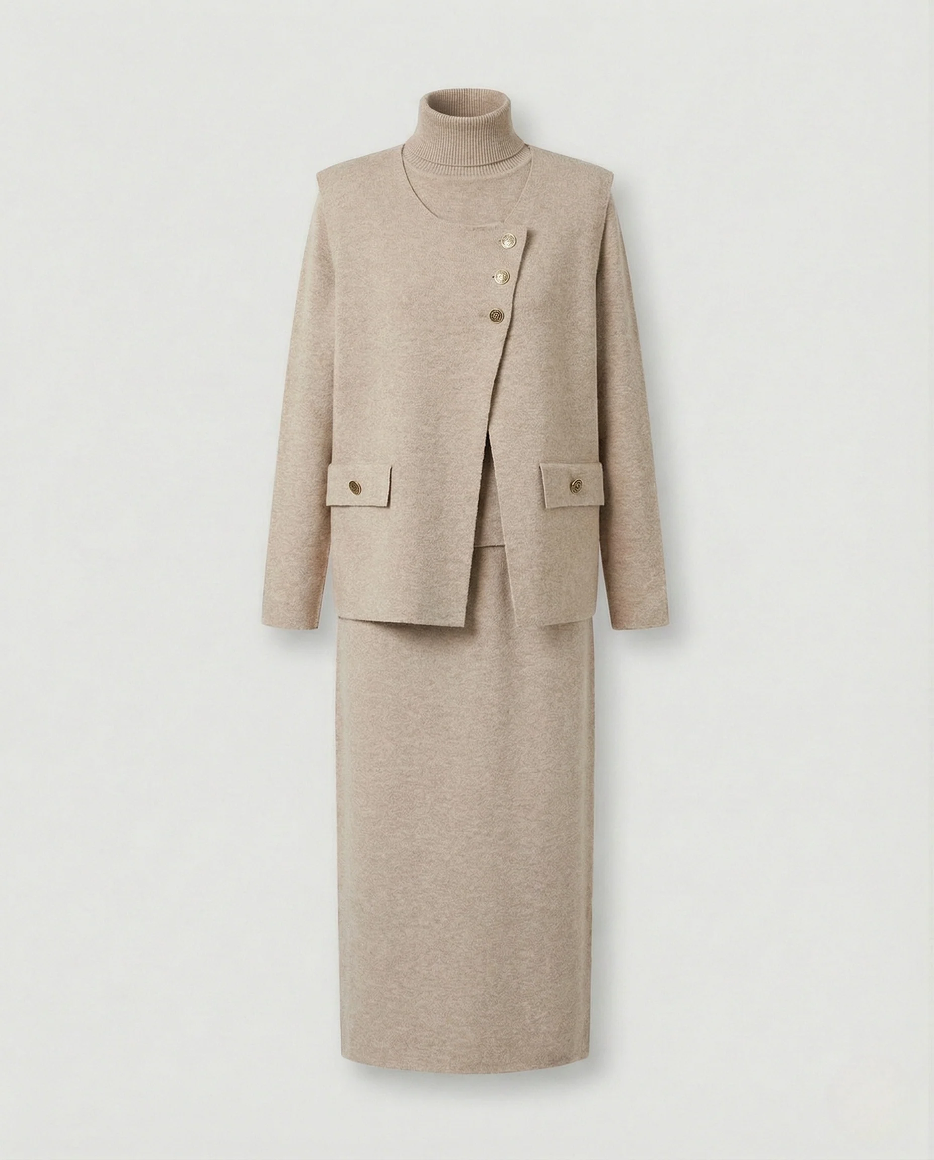Elegantes Strick-Ensemble mit asymmetrischer Knopfleiste gepolsterten Schultern Pattentaschen und knöchellangem Bleistiftrock Heidi Mode - Image 5