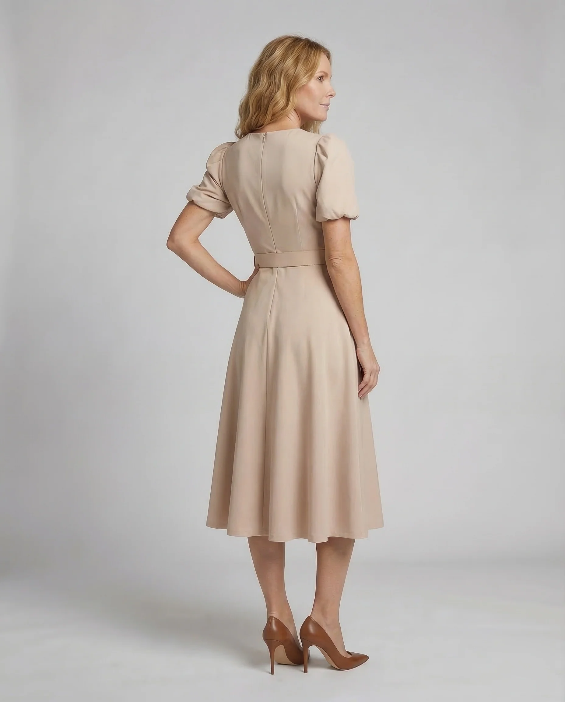 Damen Midikleid Puffärmel Gürtel - Image 4