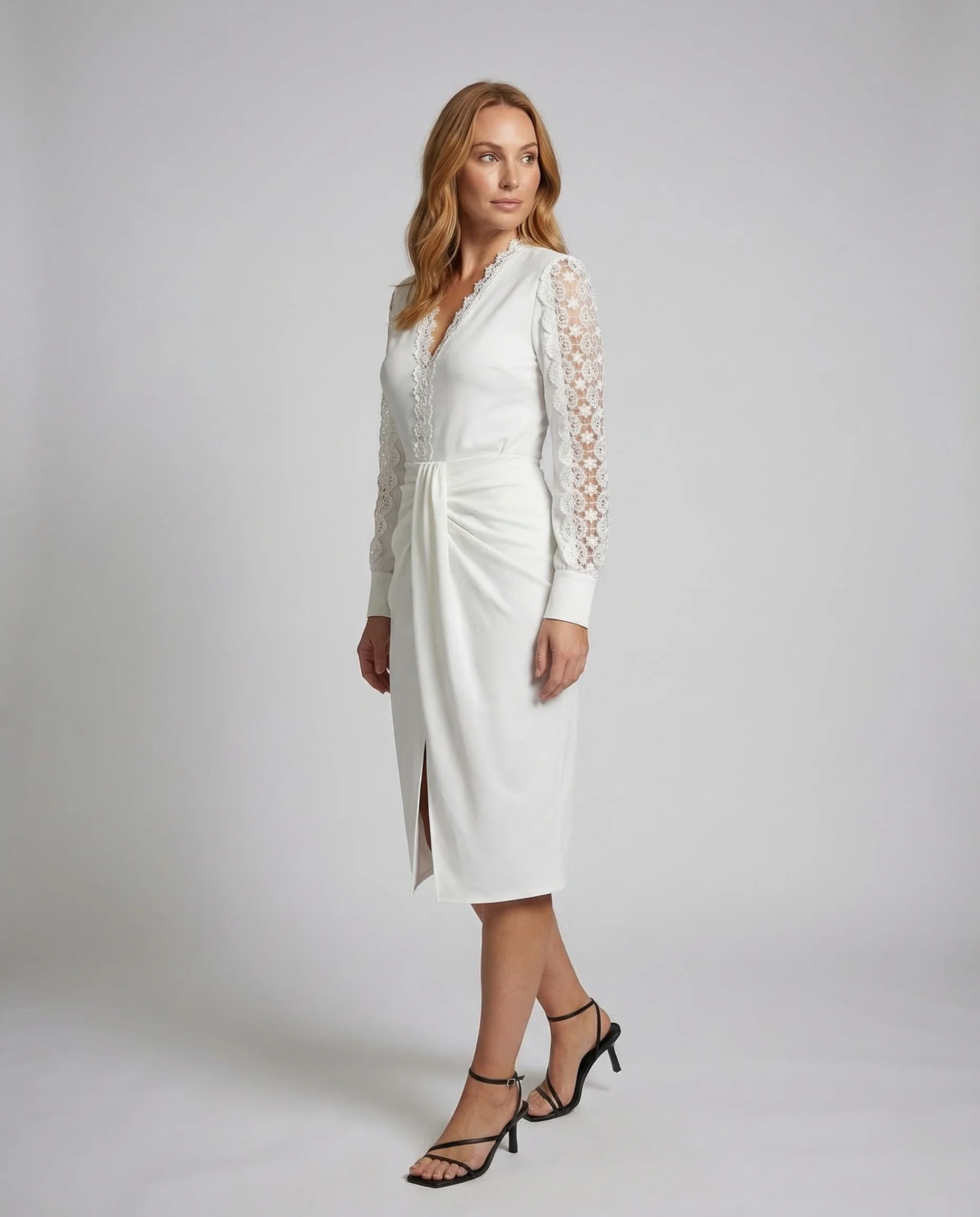 Damen Wickelkleid Spitze Ärmel Drapierte Taille