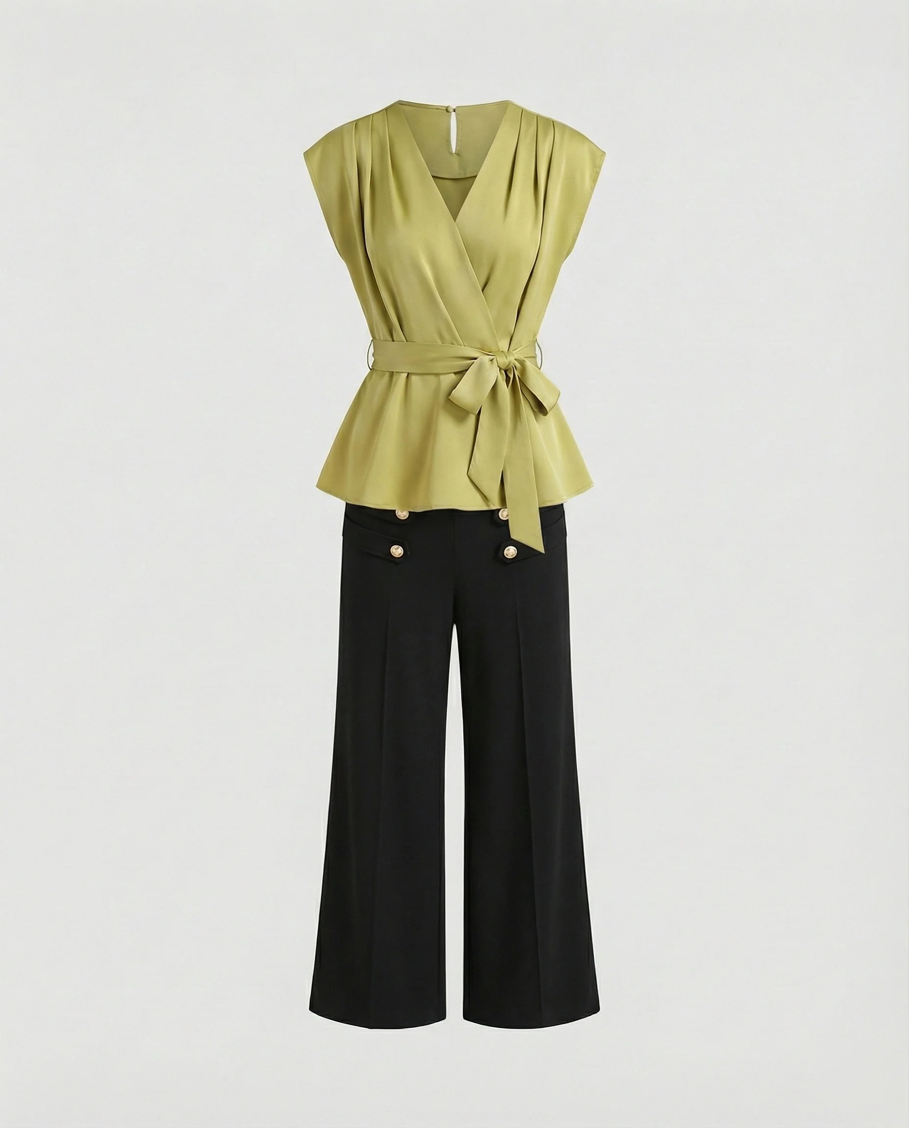 Elegantes Zweiteiler-Set Wickelblusentop mit Taillengürtel und hochgeschnittene Palazzohose mit Frontschlitz Heidi Mode - Image 5