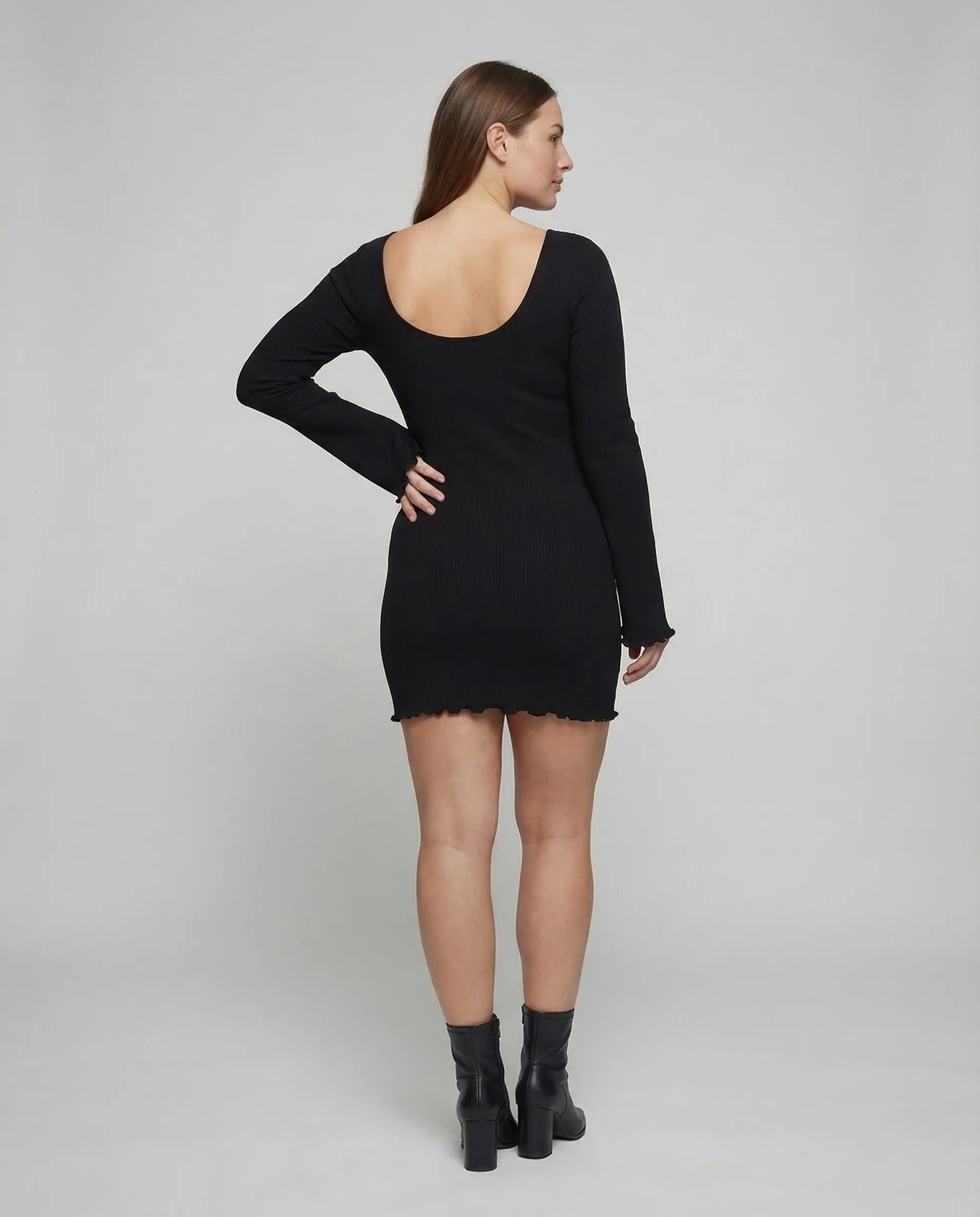 Damen Ripp Minikleid Langarm V Ausschnitt - Image 4
