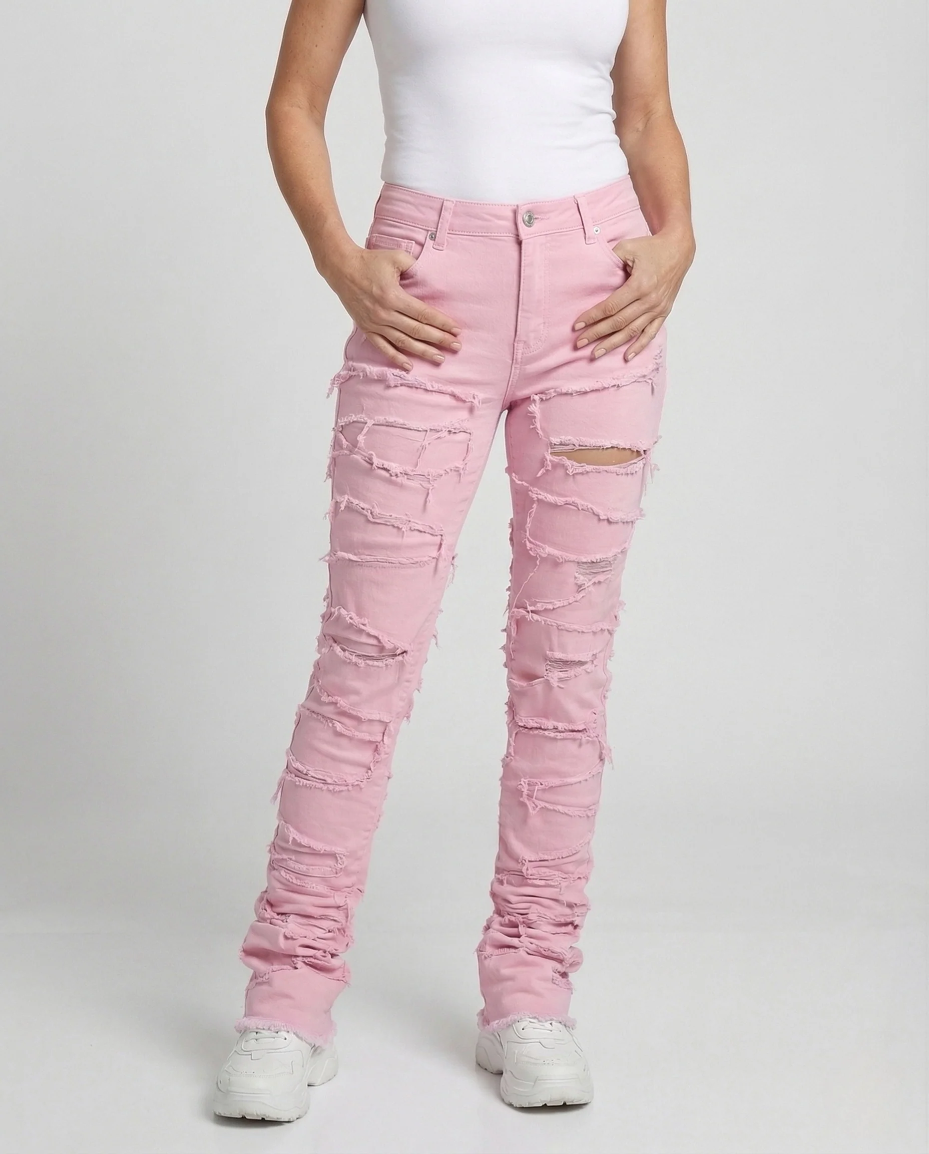 Damen High Waist Destroy Jeans mit Fransen Skinny Denim - Image 2