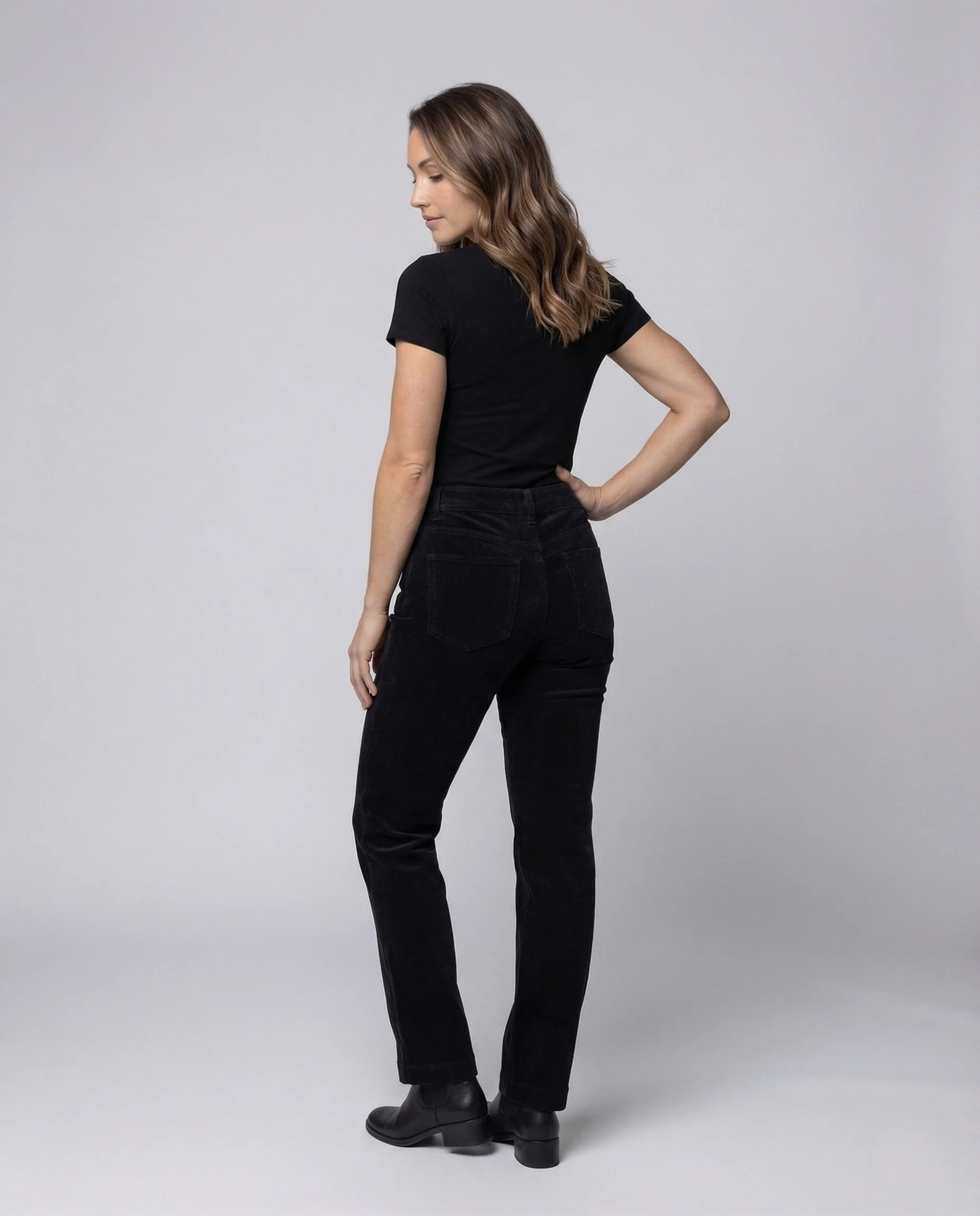 Damen Feincordhose High Waist Gerades Bein Elastischer Bund - Image 4