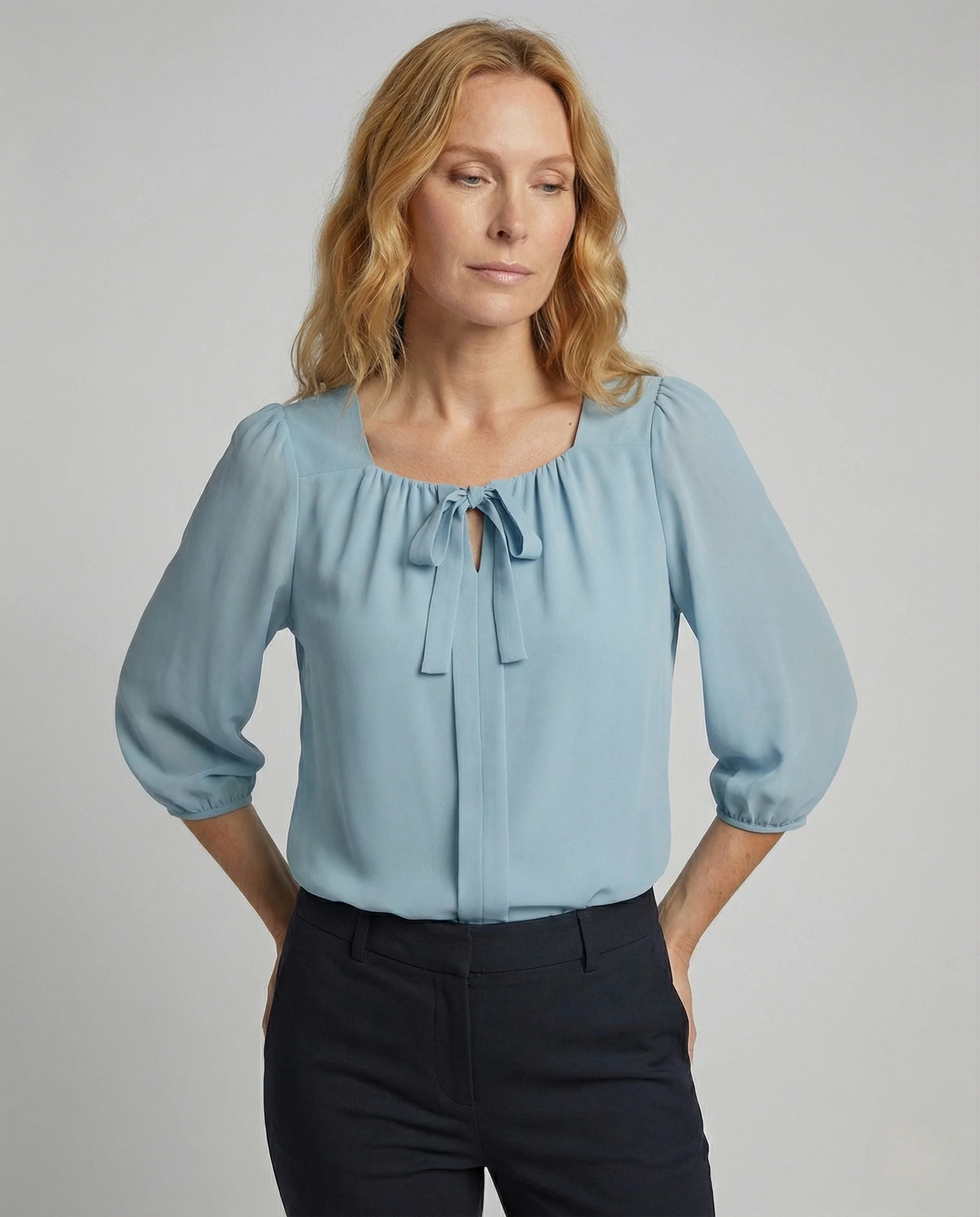 Damen Satin Schluppenbluse mit 3/4 Ballonärmeln