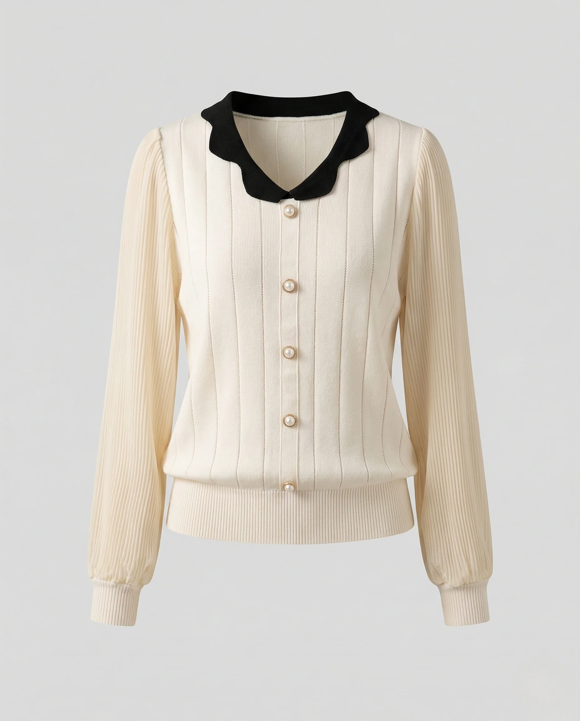 Feminine taillierte Feinstrickbluse mit wellenförmigem Kragen, Perlenknopfleiste, plissierten Chiffonärmeln und Rippbündchen Heidi Mode - Image 5