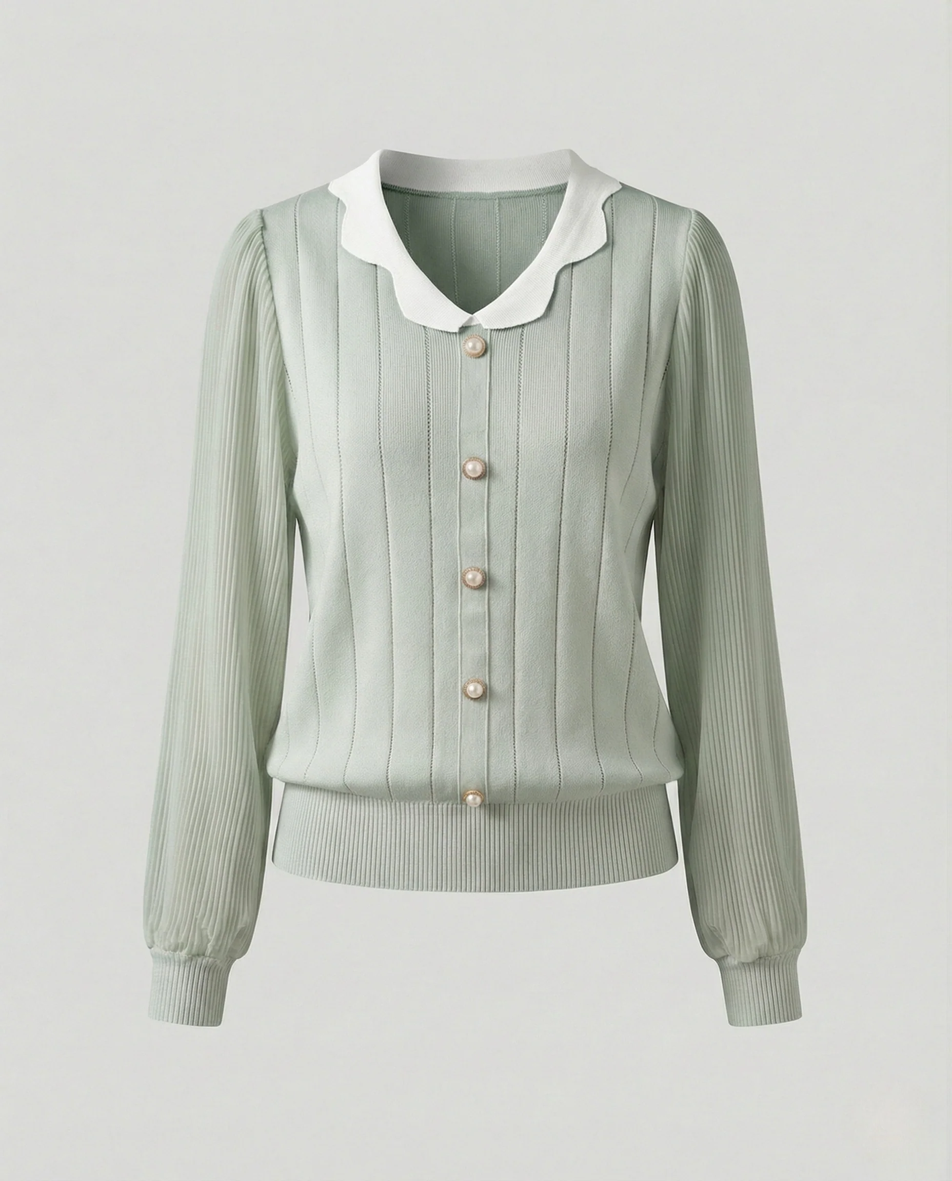 Feminine taillierte Feinstrickbluse mit wellenförmigem Kragen, Perlenknopfleiste, plissierten Chiffonärmeln und Rippbündchen Heidi Mode - Image 7