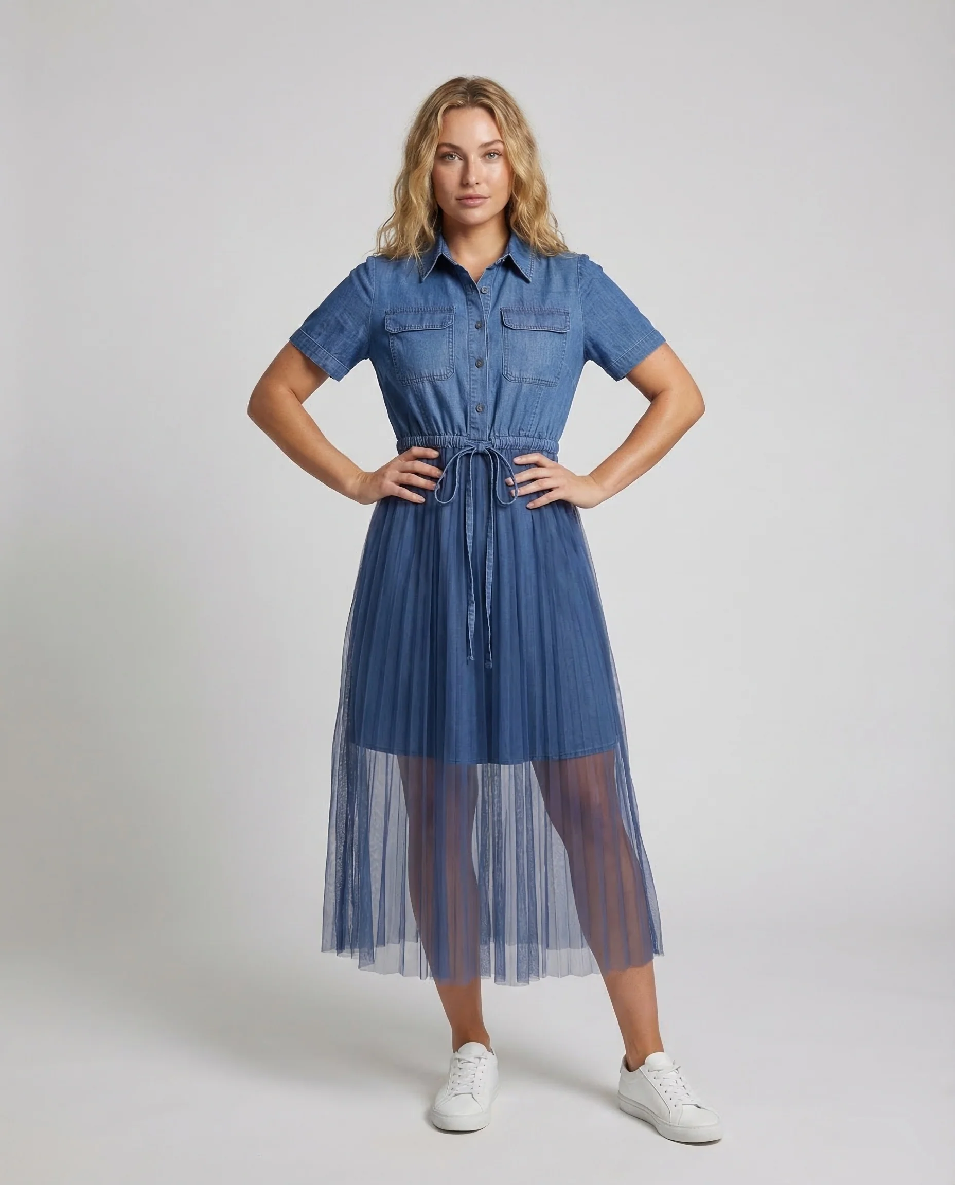 Damen Hemdblusenkleid Jeans Tüll
