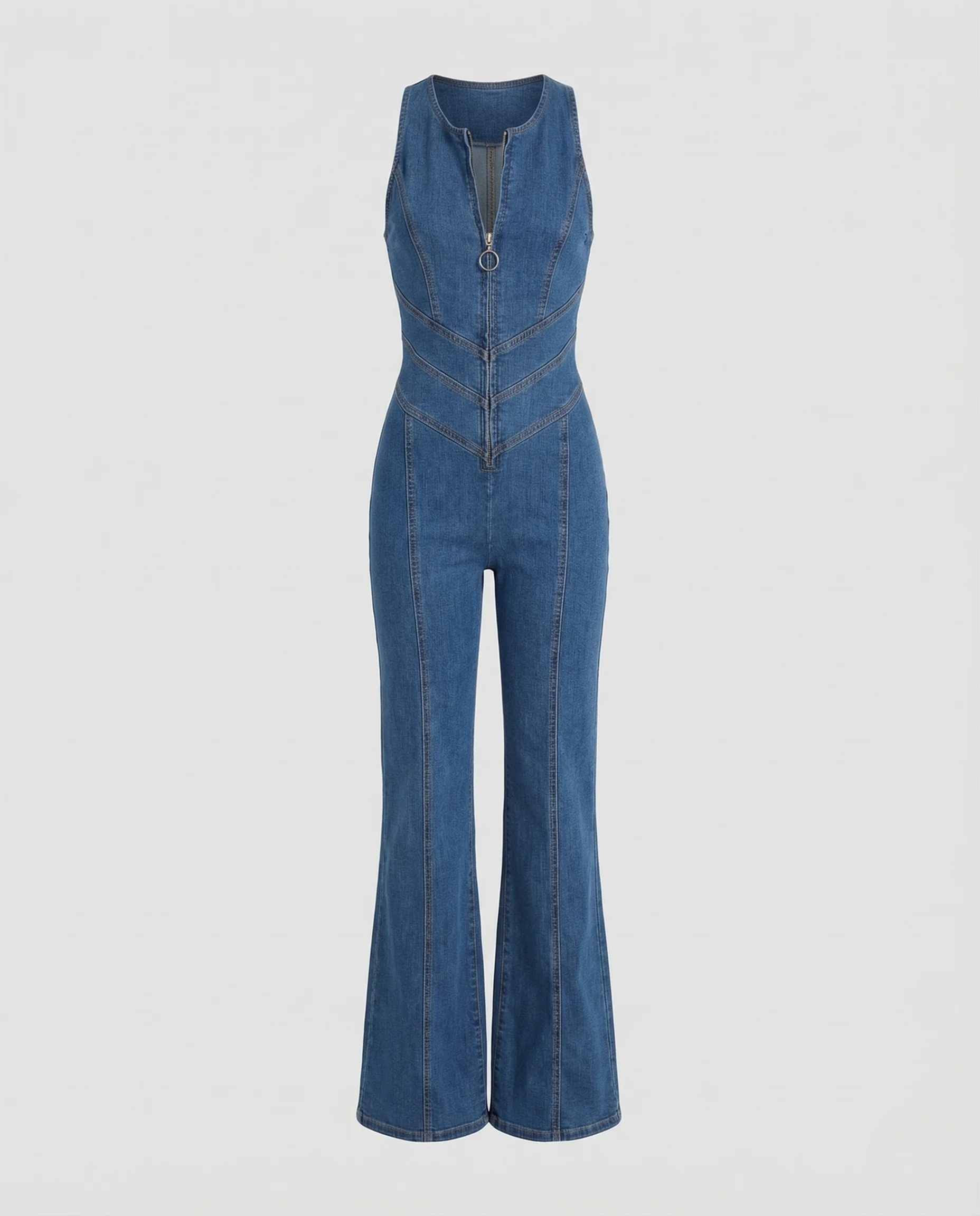 Damen Figurbetonter Denim Overall V Ausschnitt mit Weitem Bein - Image 4