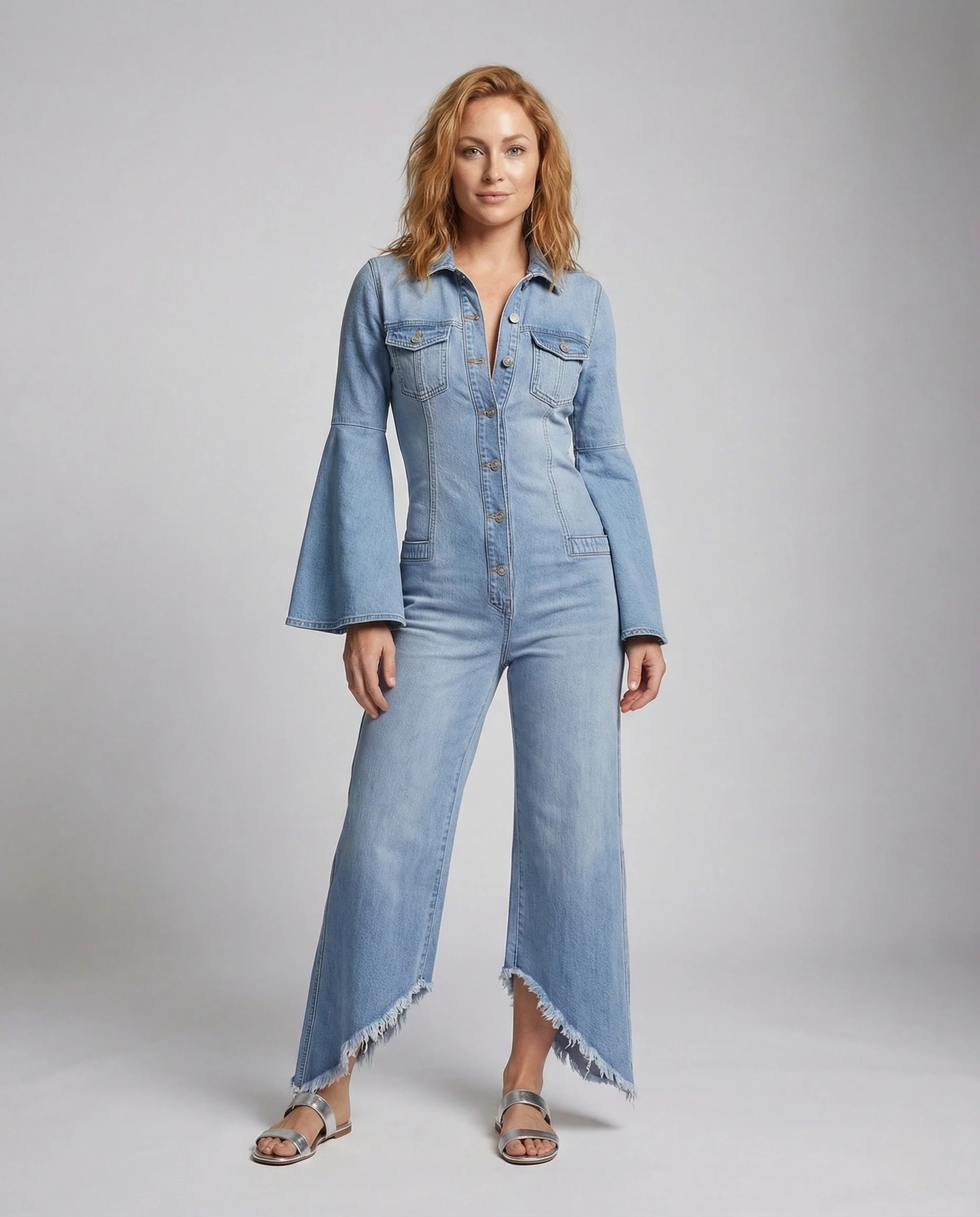 Damen Denim Overall mit Trompetenärmeln