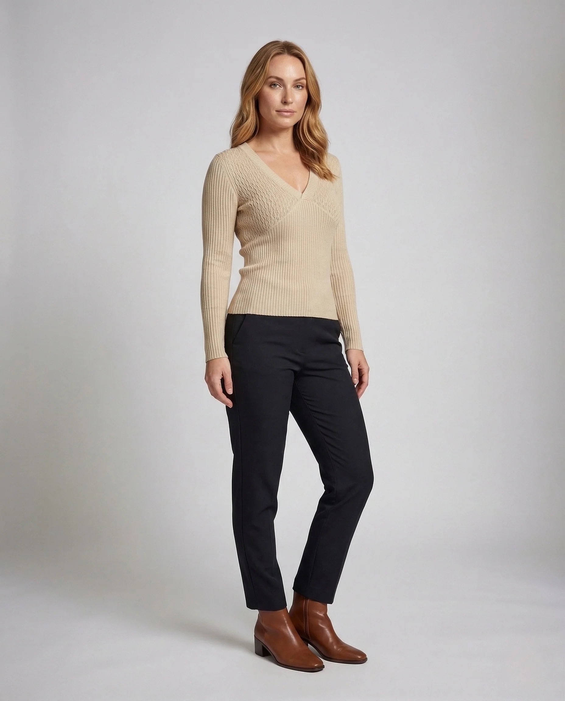 Damen Feinstrickpullover V Ausschnitt Rippstruktur - Image 2