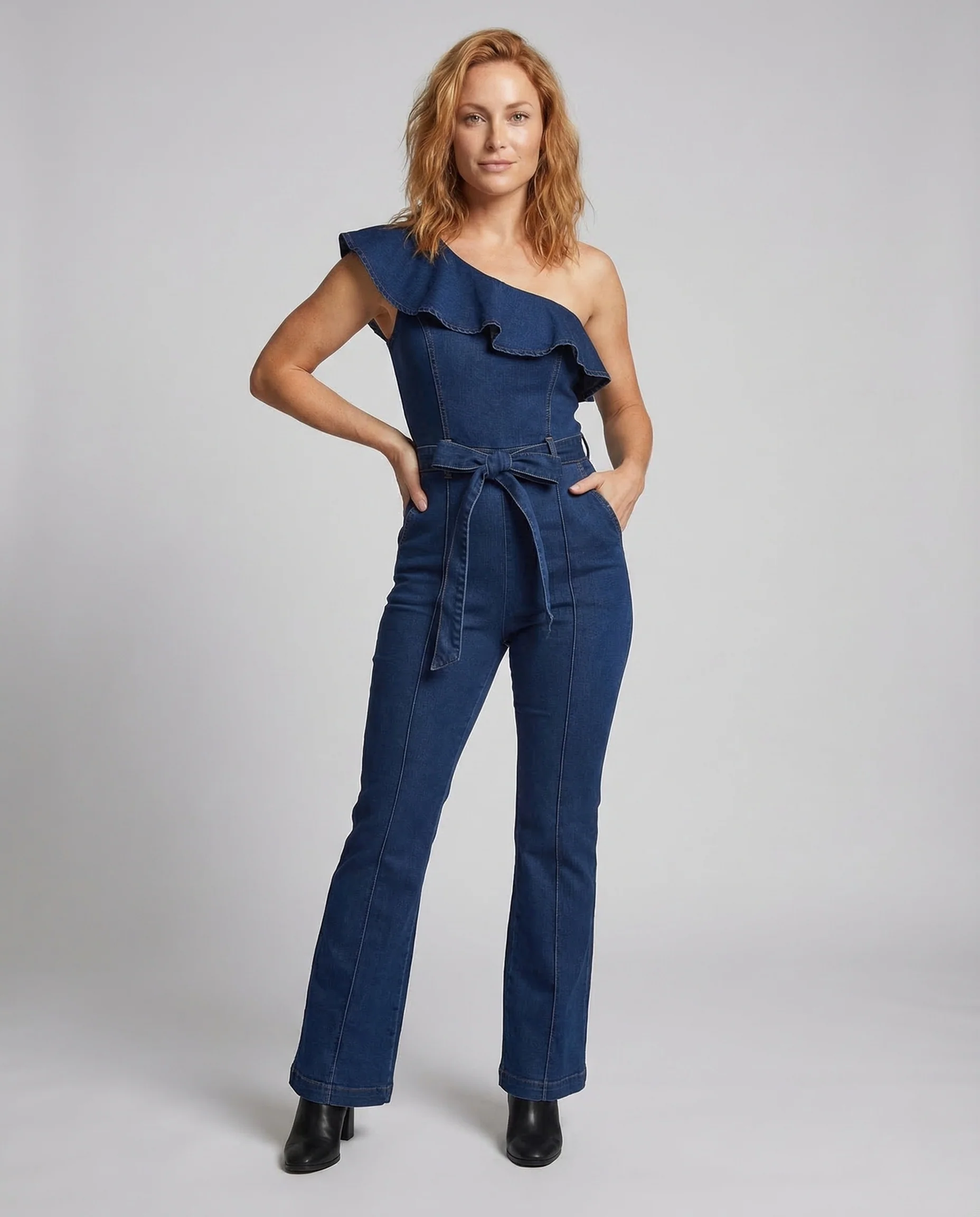 Damen Jeans Jumpsuit Rüschen Ausschnitt Schlag