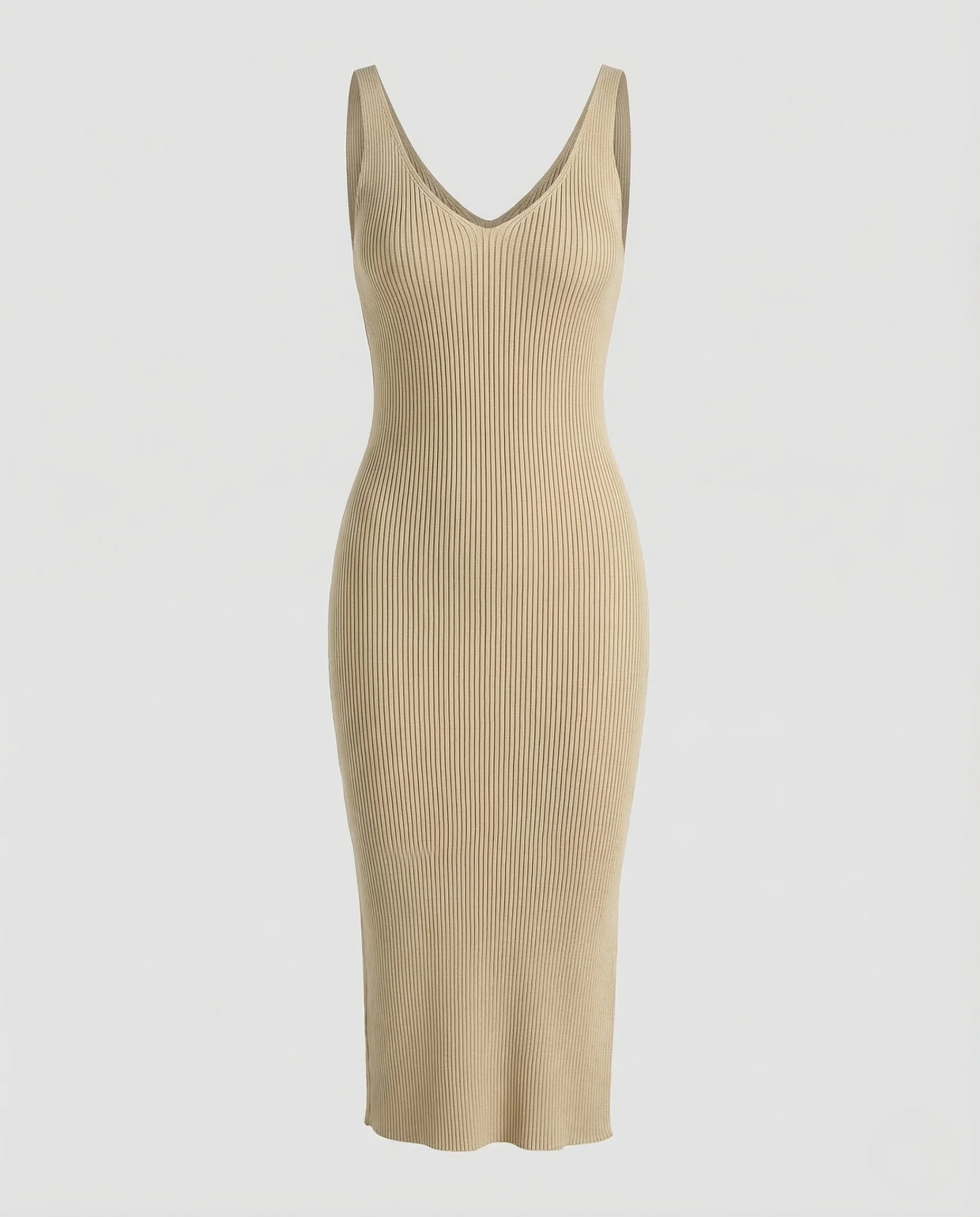 Damen Rippstrick Midikleid V Ausschnitt - Image 5