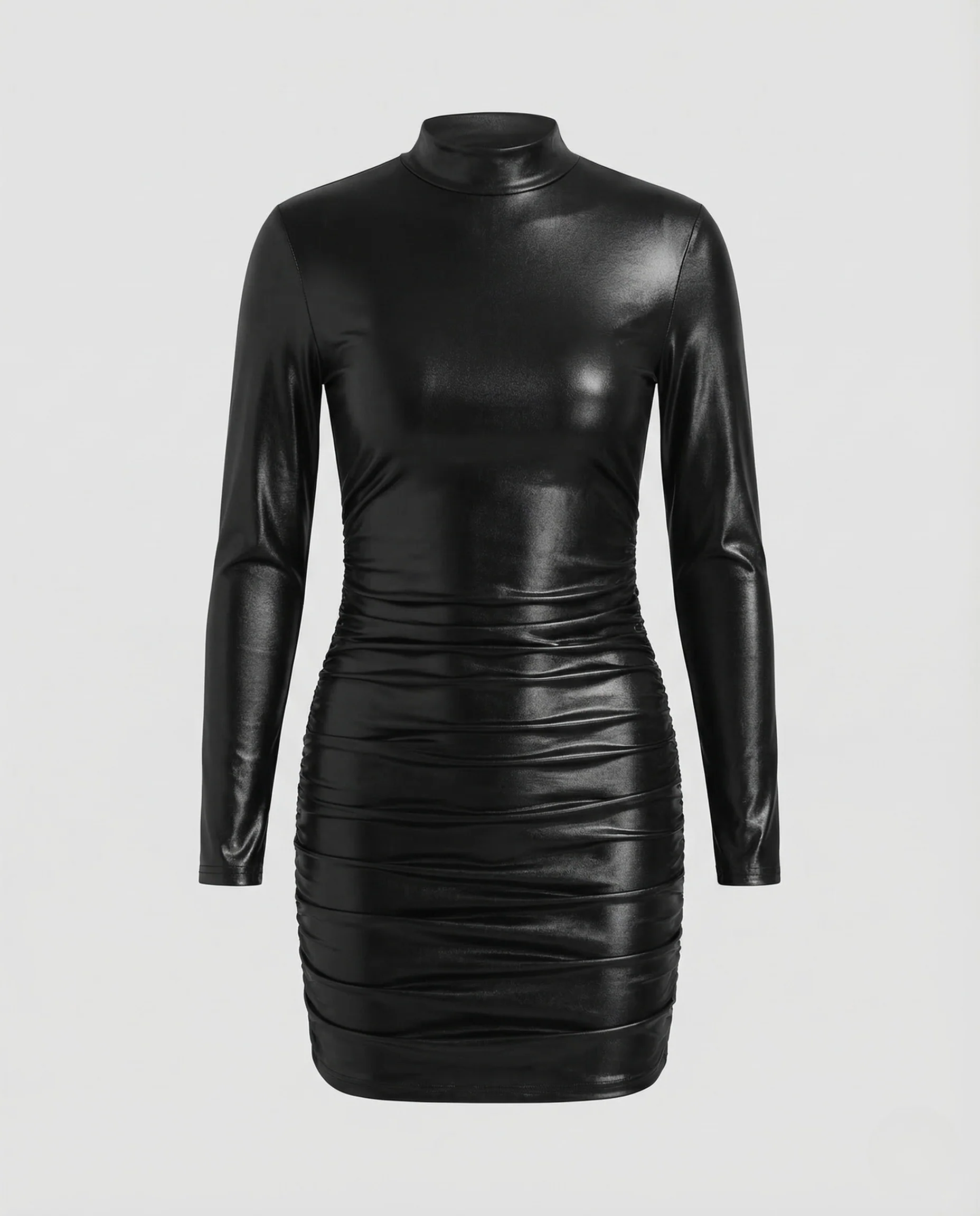 Damen Lack Minikleid Langarm Stehkragen Raffung - Image 5