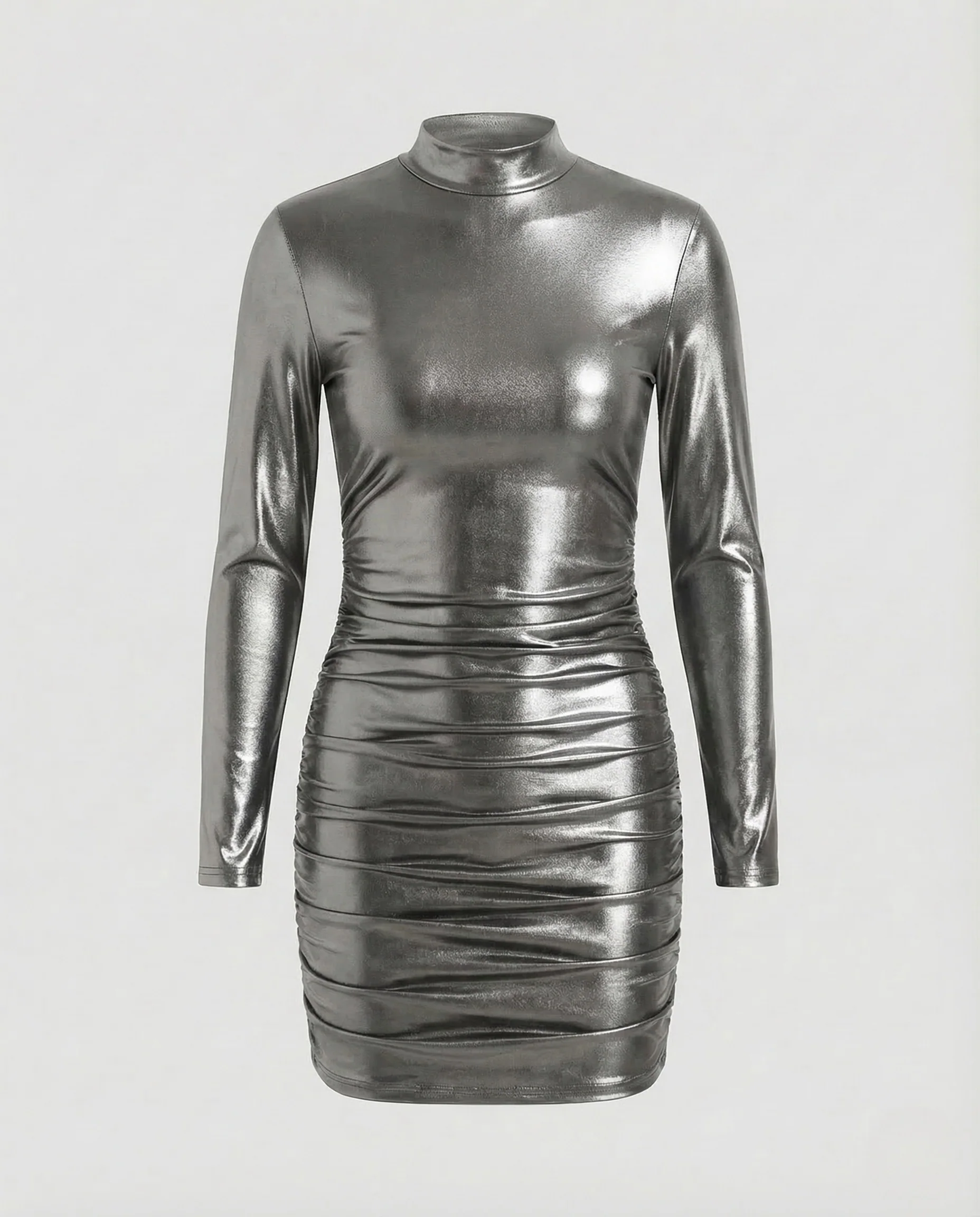 Damen Lack Minikleid Langarm Stehkragen Raffung - Image 6