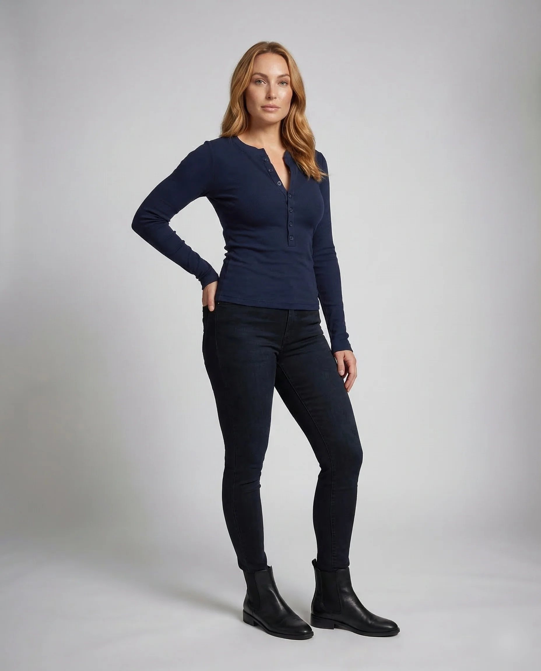 Damen Henleyshirt Ripp Langarm