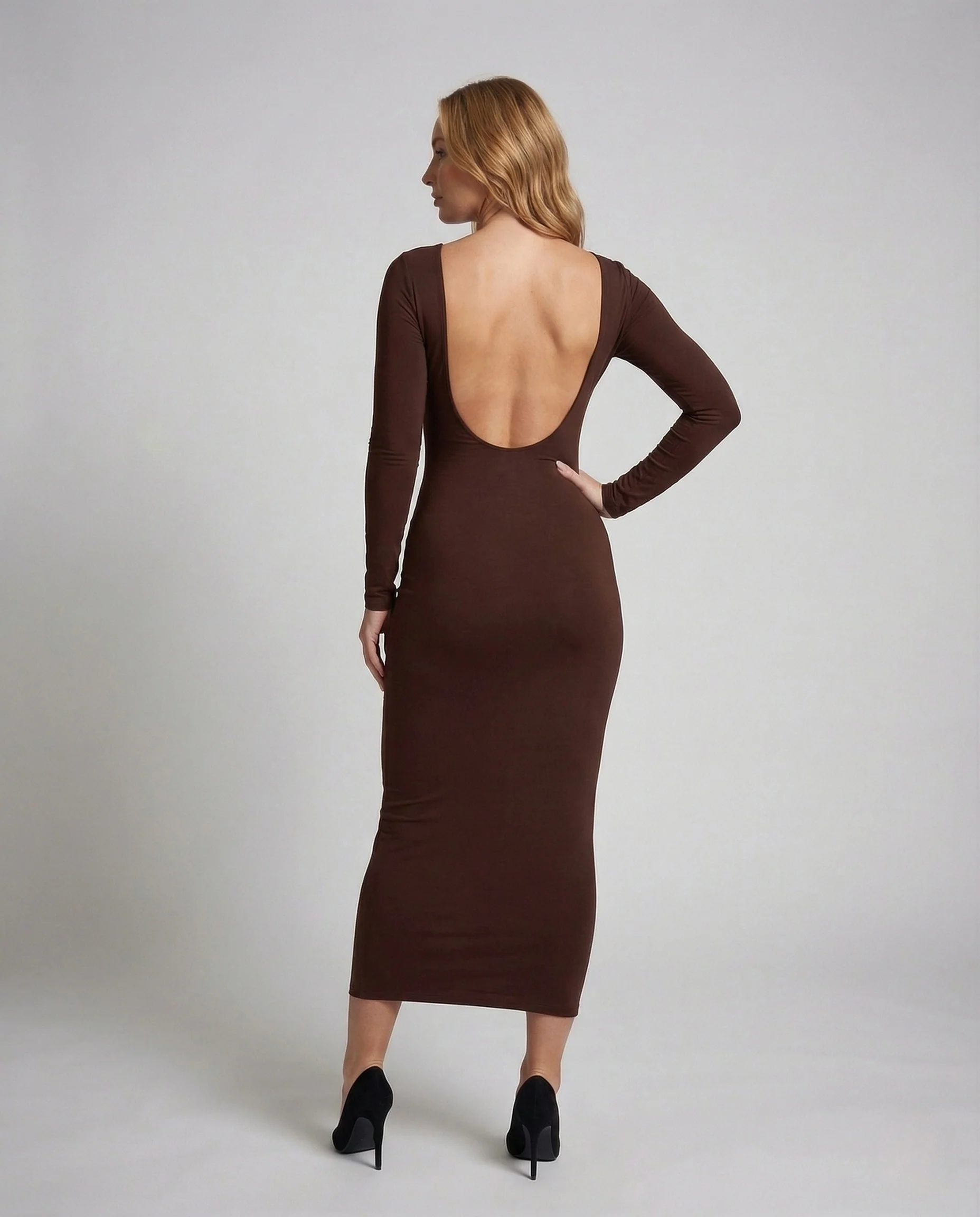 Damen Midikleid Figurbetont U Rücken Langarm - Image 4