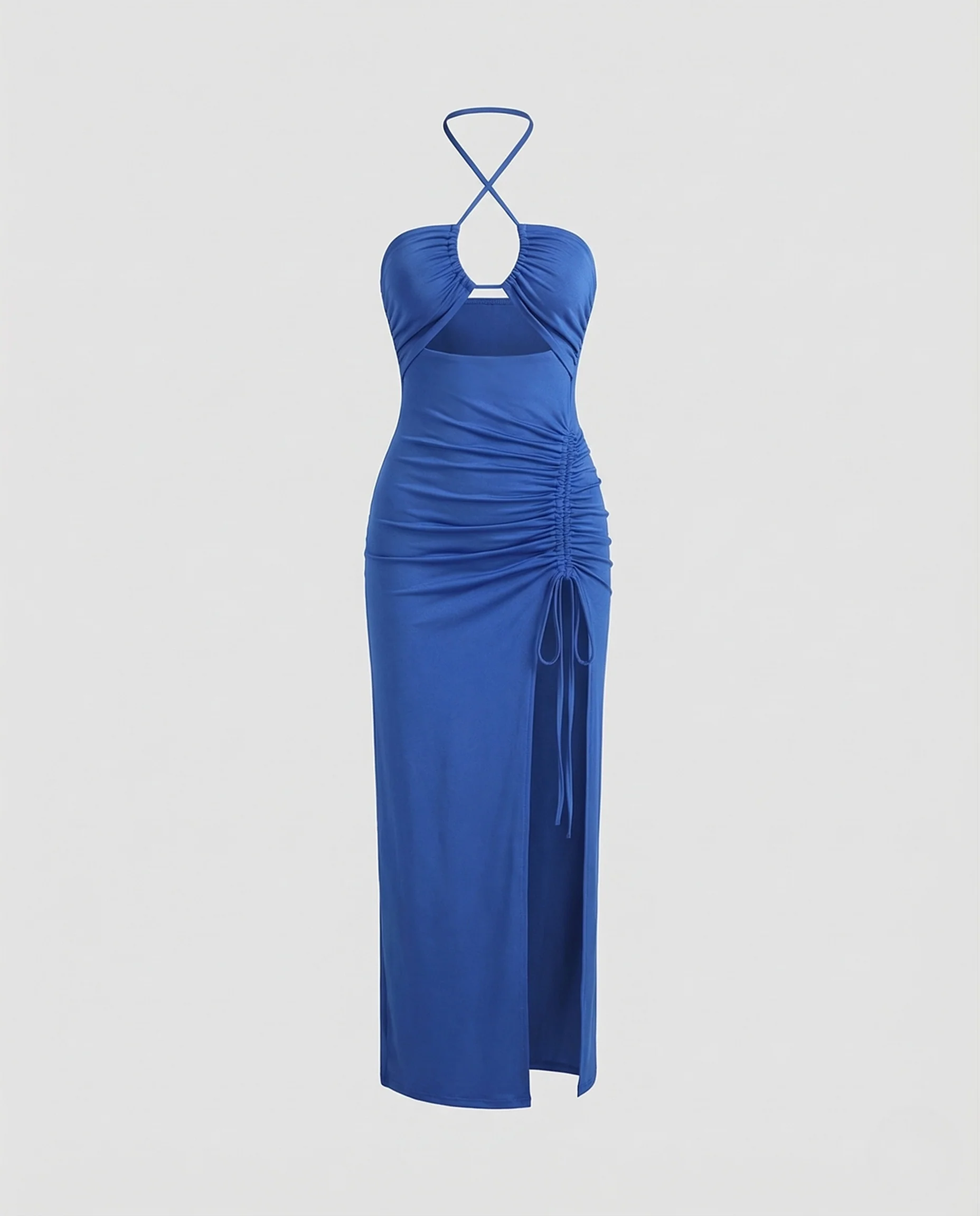 Damen Neckholder Midikleid Schlitz Raffung - Image 4