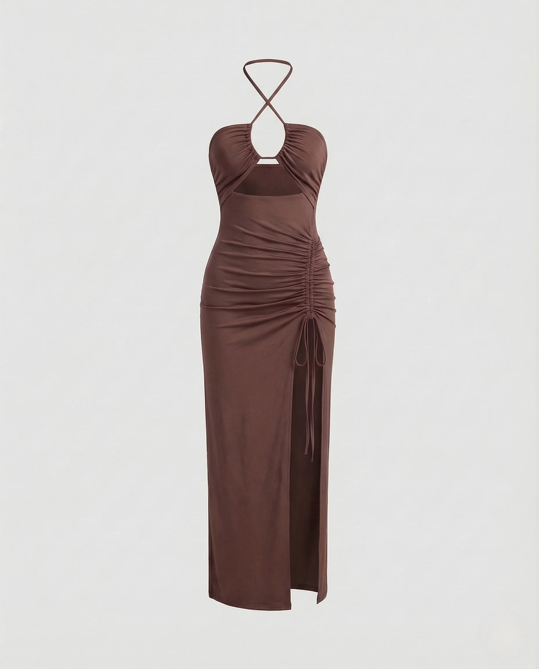 Damen Neckholder Midikleid Schlitz Raffung - Image 5