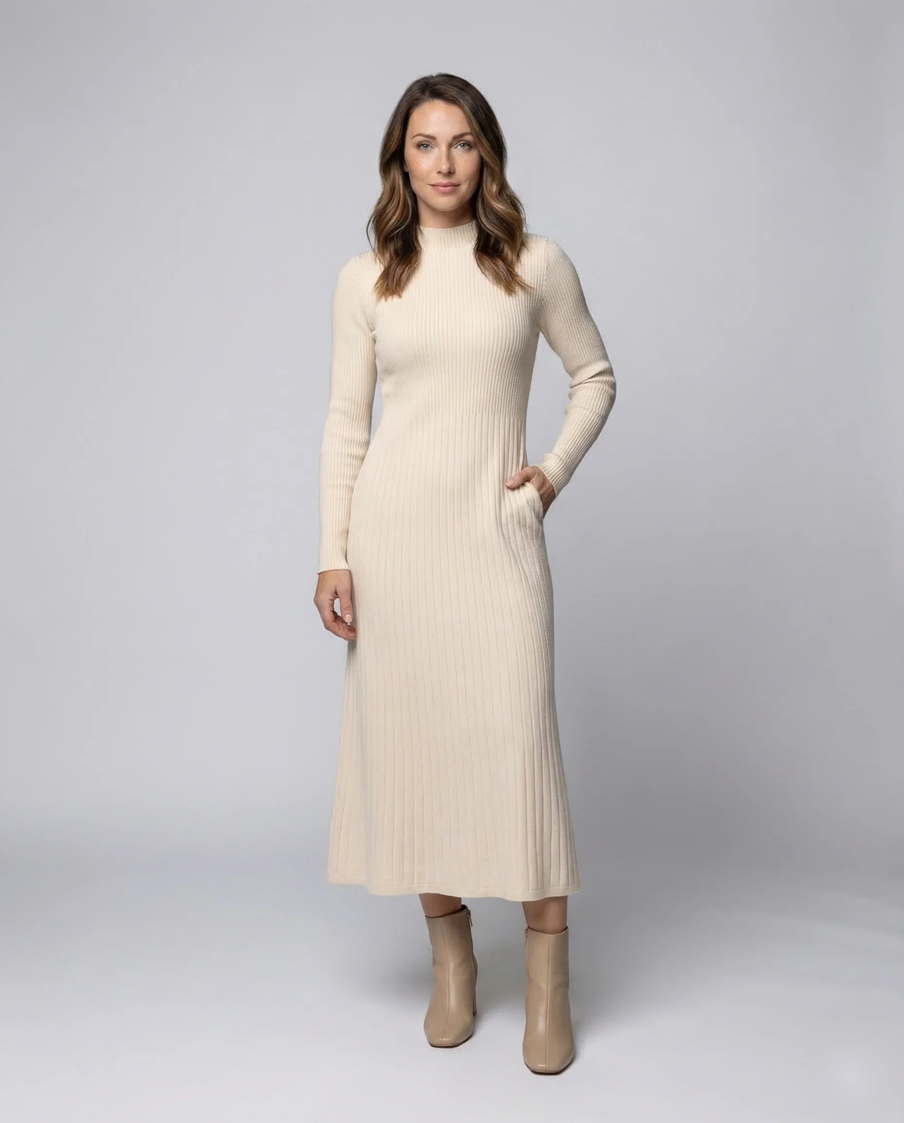 Damen Rippstrick Kleid Stehkragen