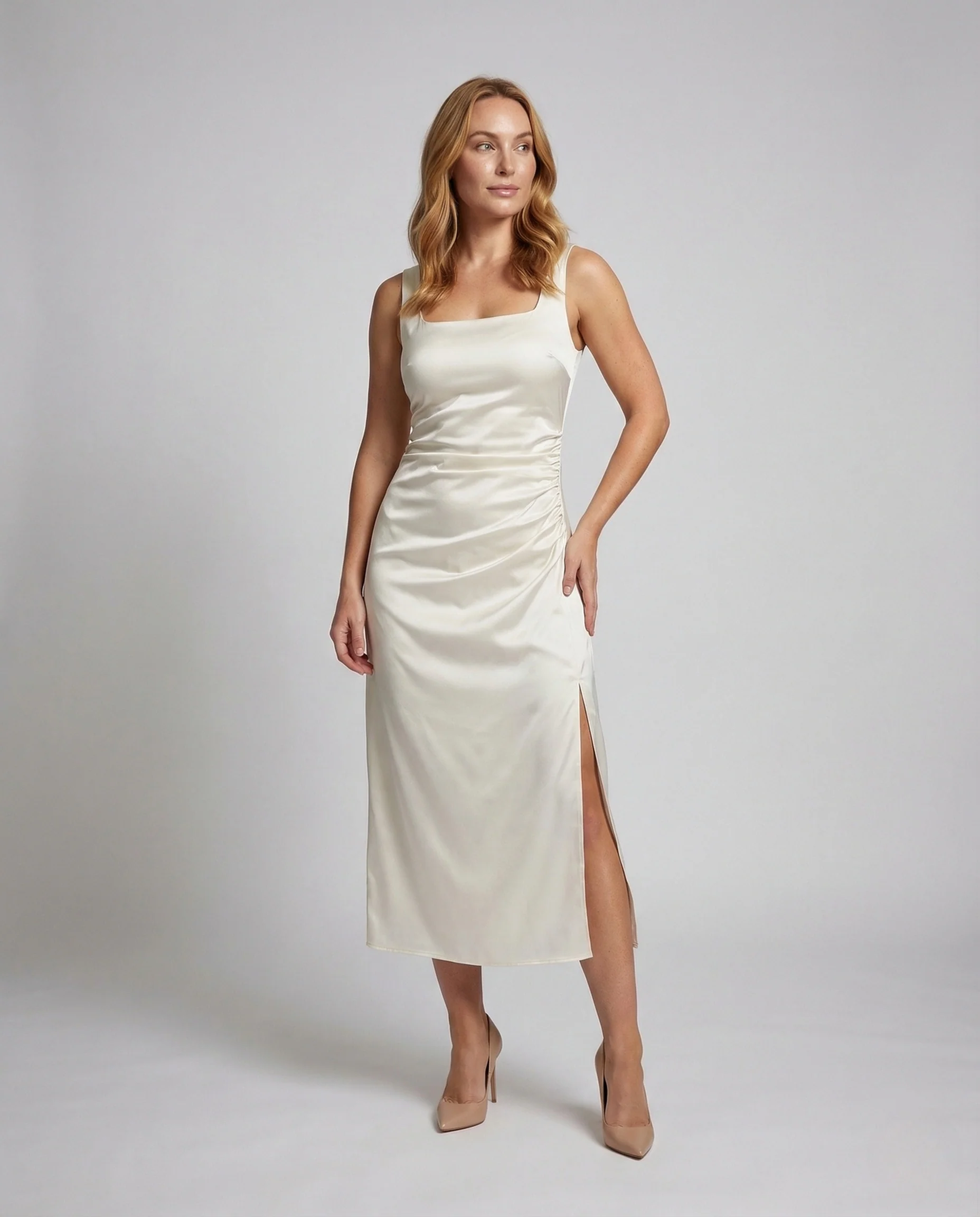 Damen Satin Abendkleid mit Hohem Schlitz