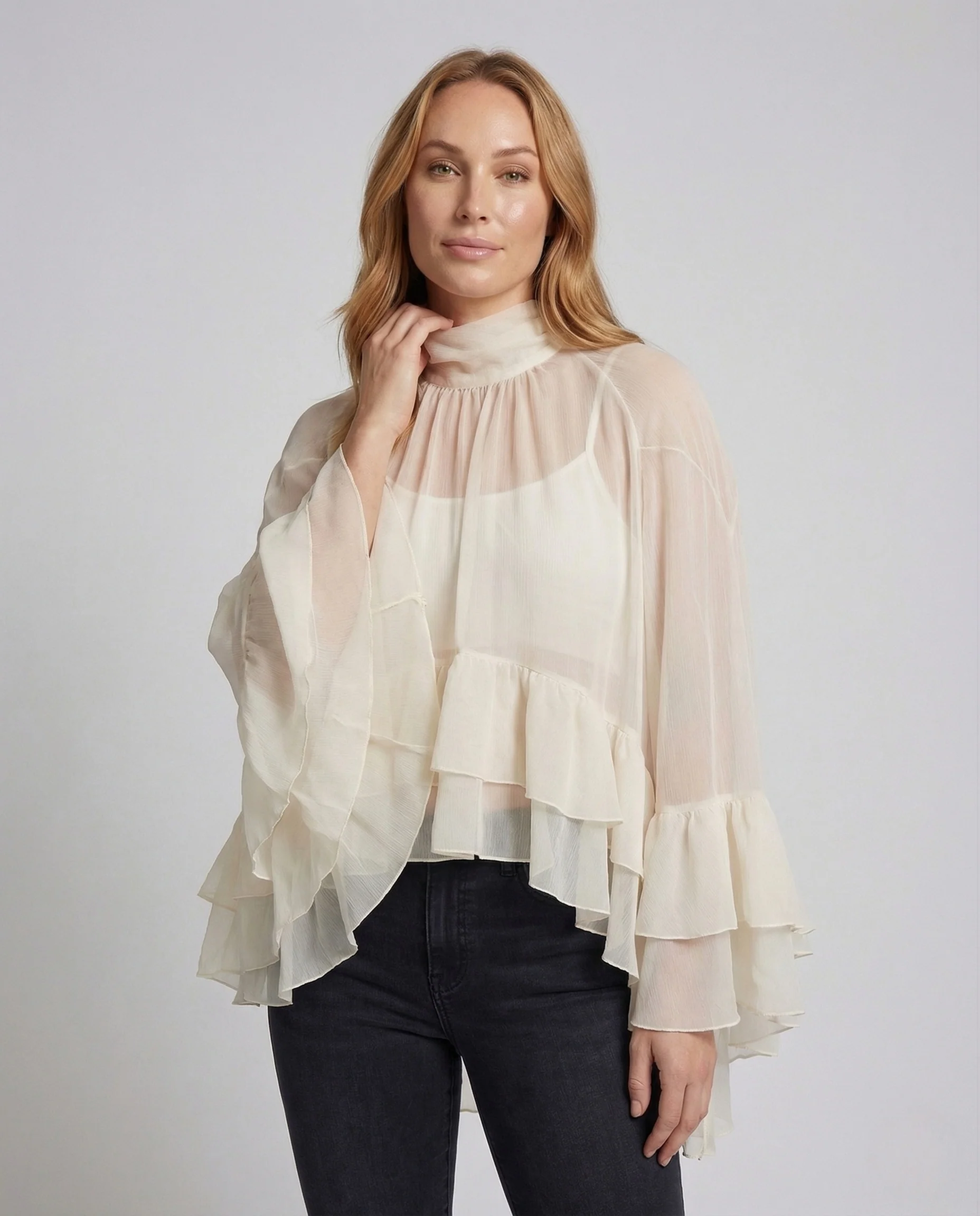 Damen Chiffonbluse Volants Stehkragen - Image 2