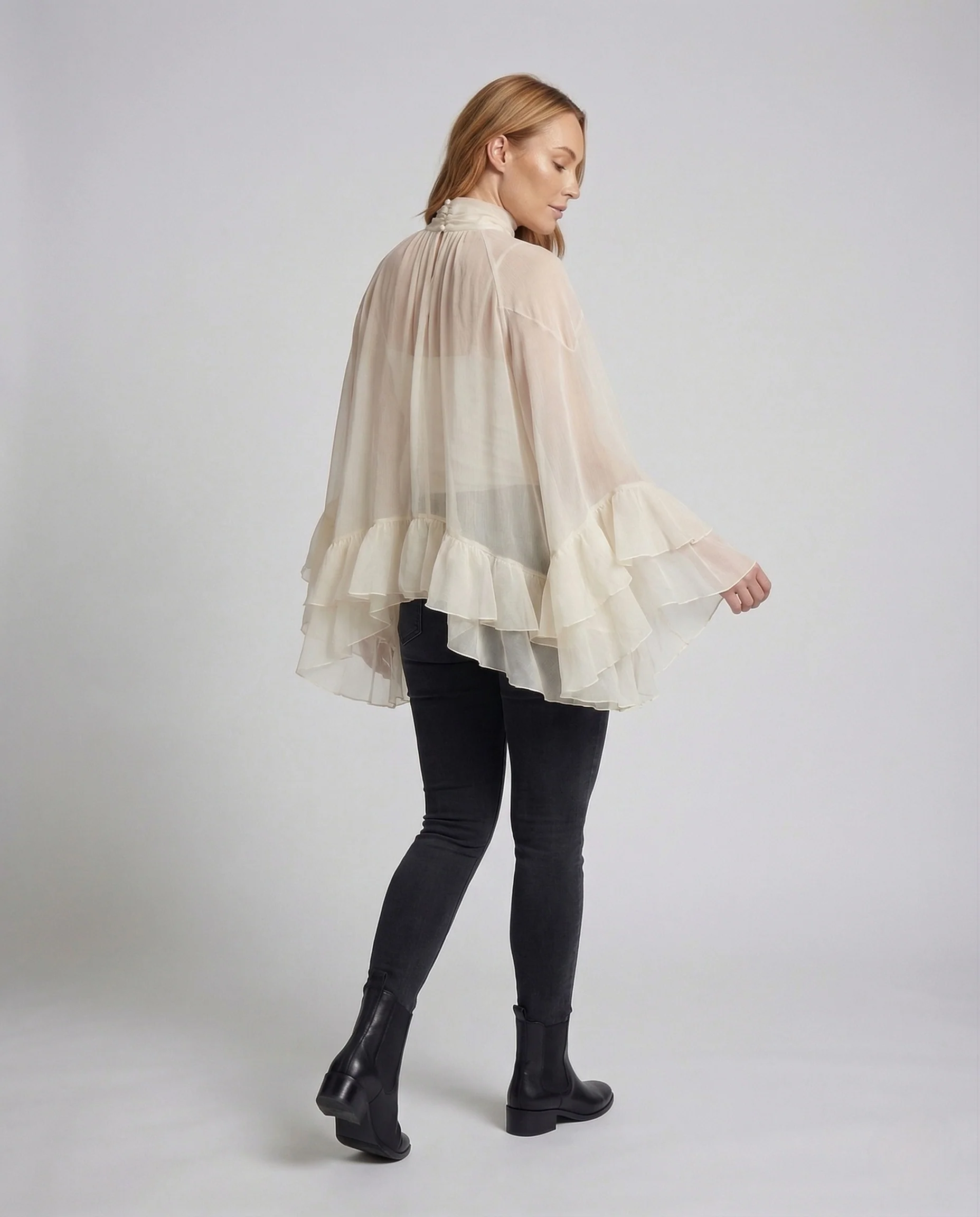 Damen Chiffonbluse Volants Stehkragen - Image 4