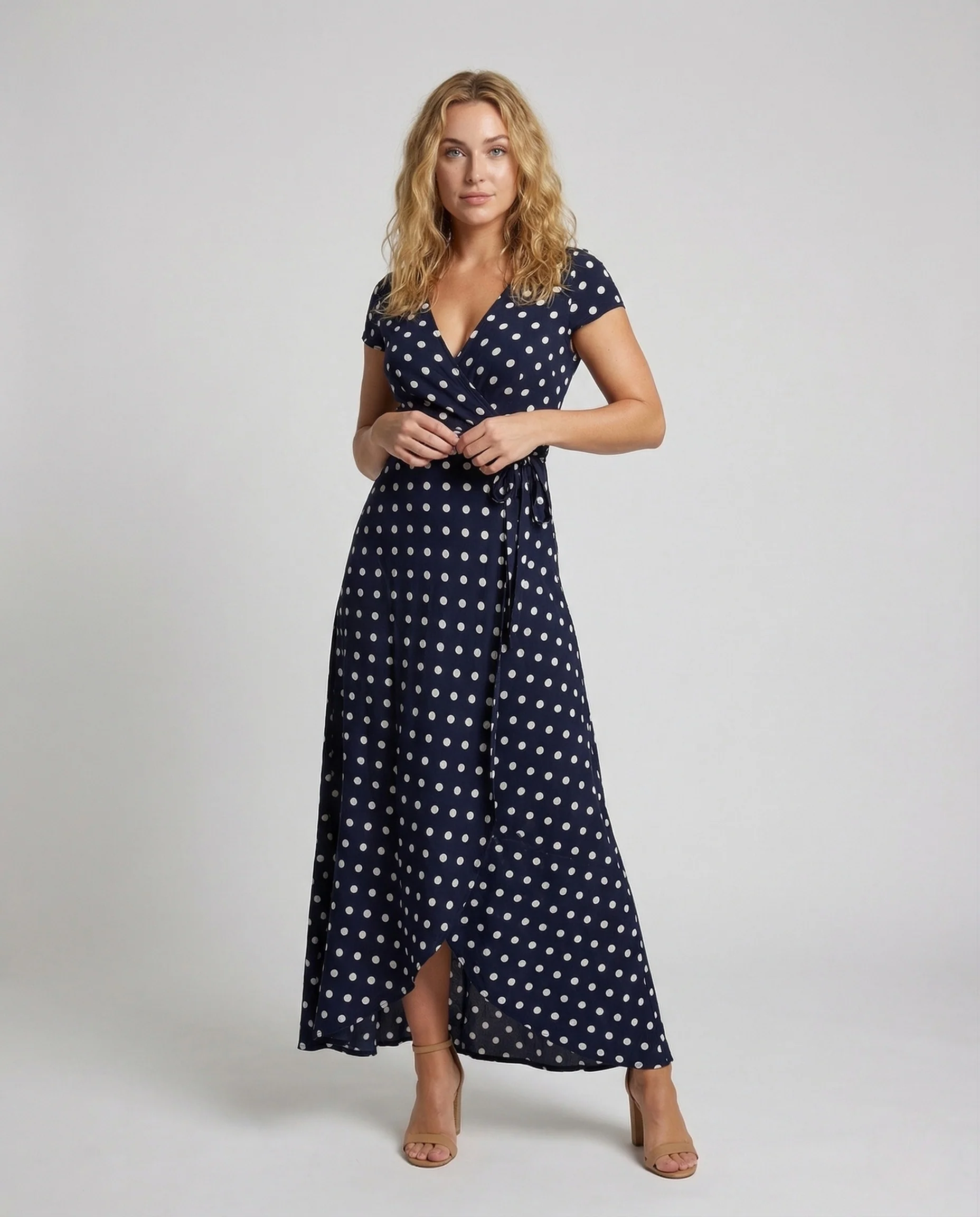 Damen Maxikleid Punkte Wickeloptik
