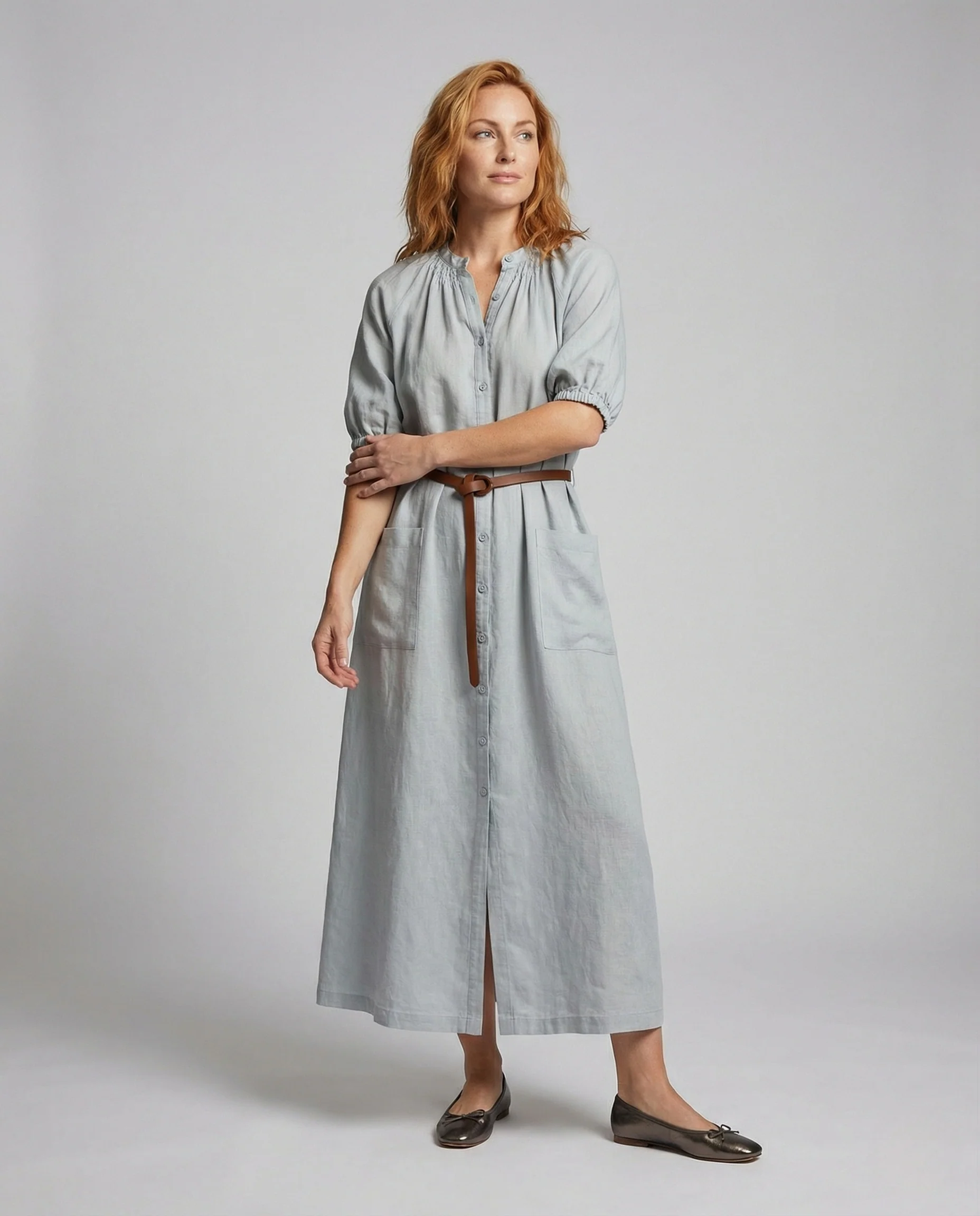 Damen Maxi Hemdkleid mit Bindegürtel