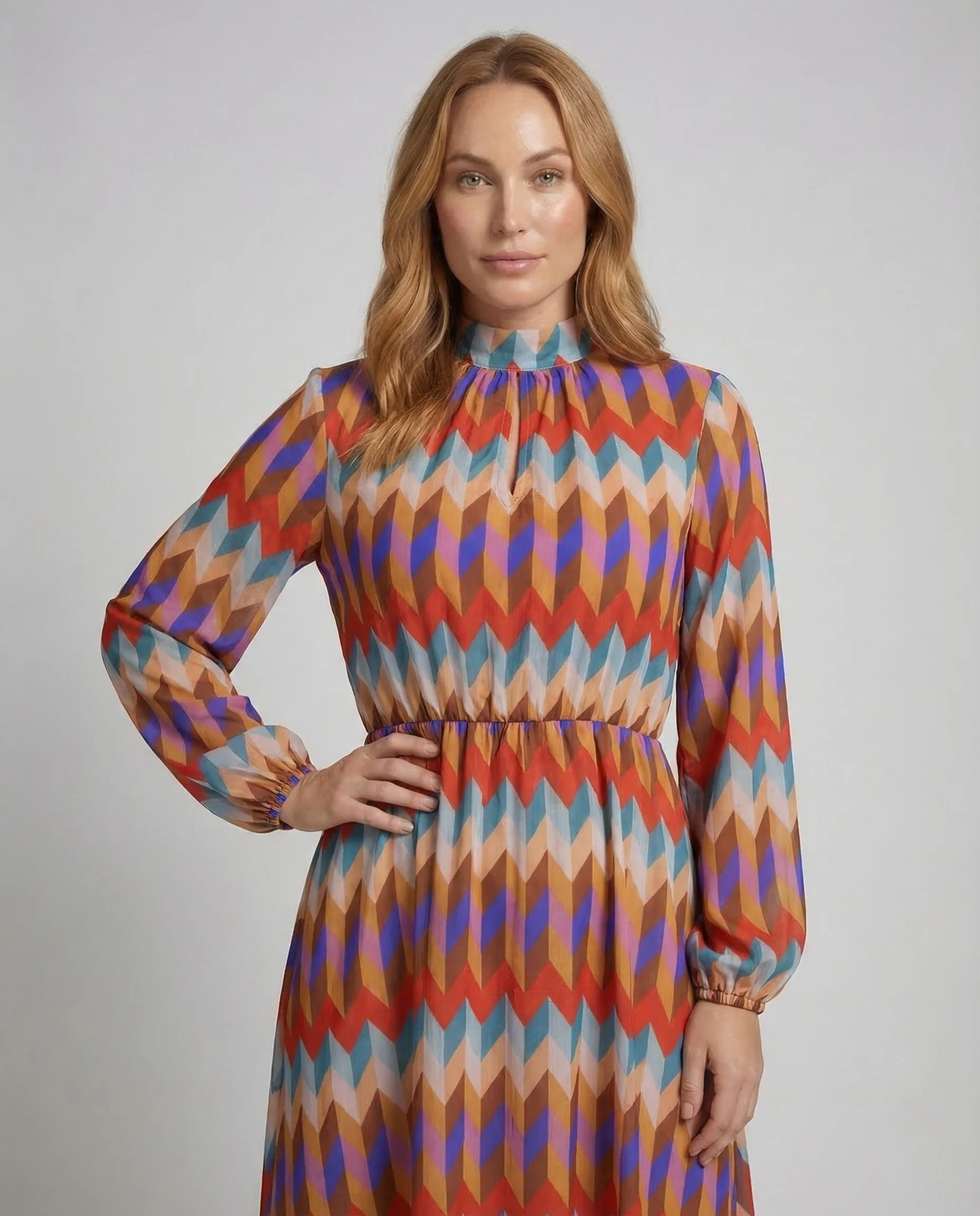 Damen Maxikleid Stehkragen Ballonärmel Gürtel - Image 2