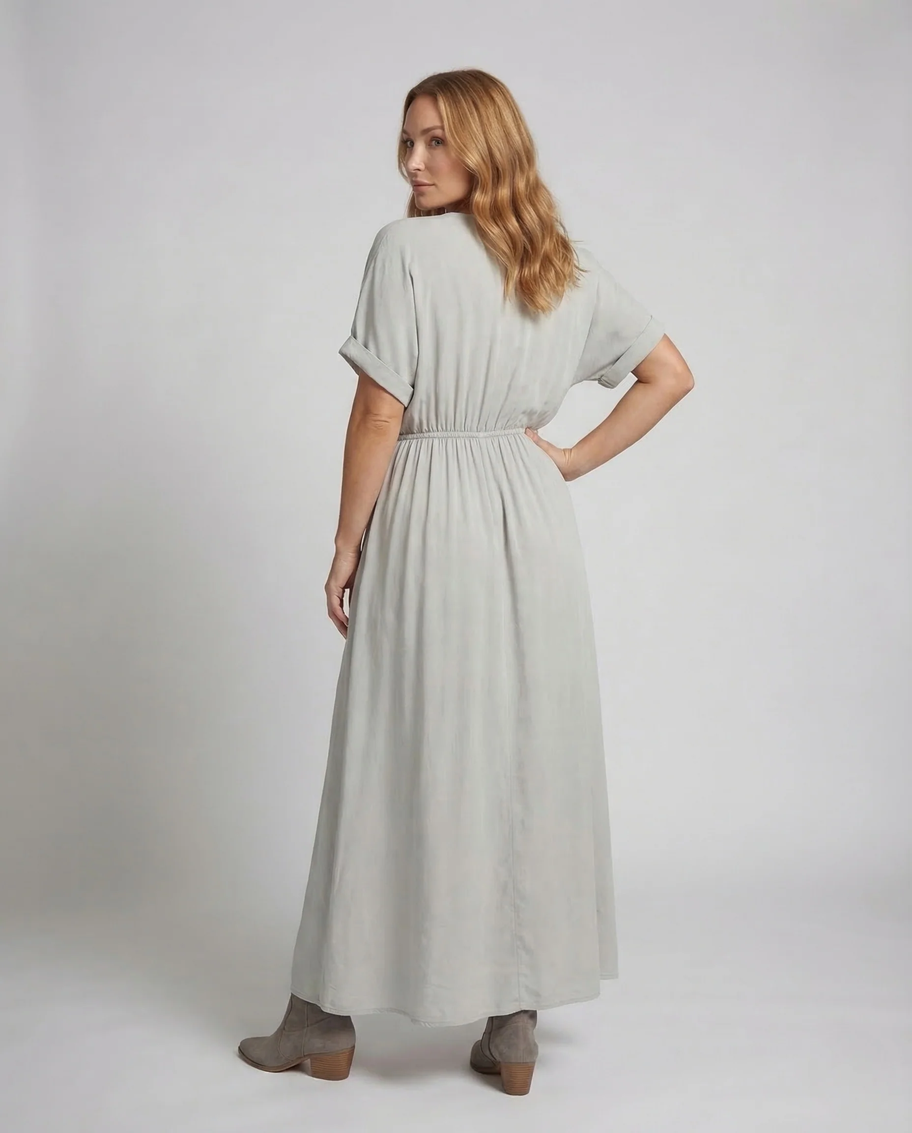 Damen Maxikleid V Ausschnitt Schlitz Elastikbund - Image 4