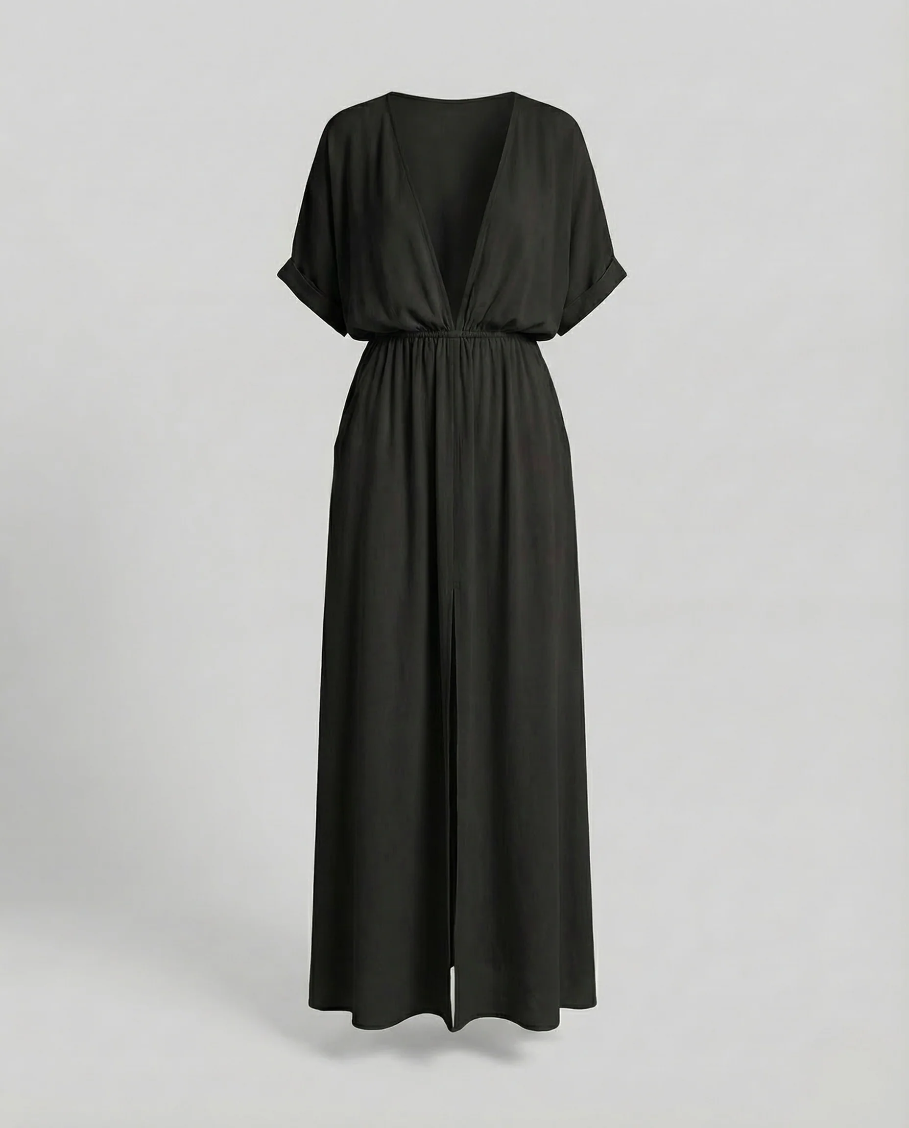 Damen Maxikleid V Ausschnitt Schlitz Elastikbund - Image 7