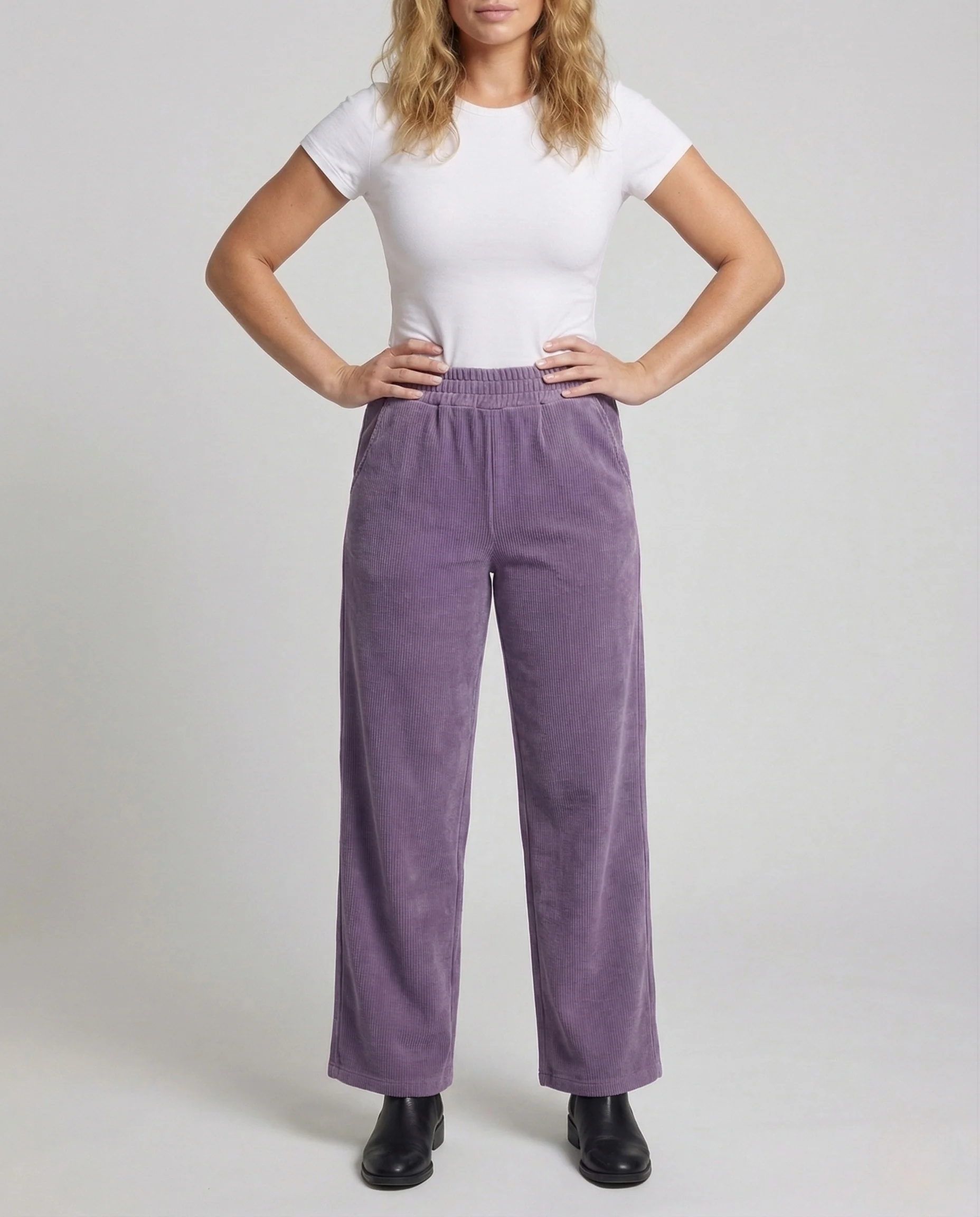 Damen Gefütterte Cordhose mit Weitem Bein und Elastischem Bund - Image 2
