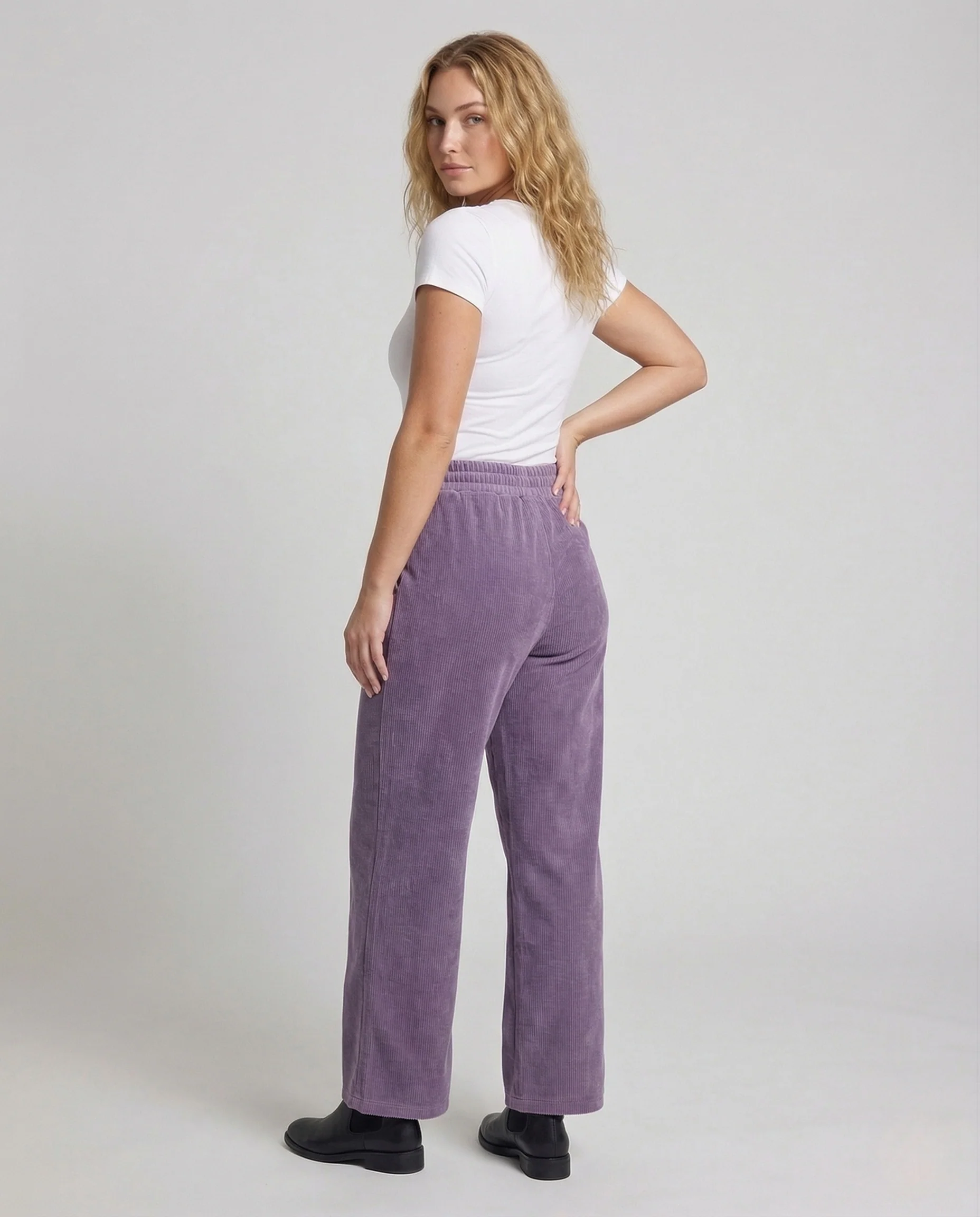 Damen Gefütterte Cordhose mit Weitem Bein und Elastischem Bund - Image 3