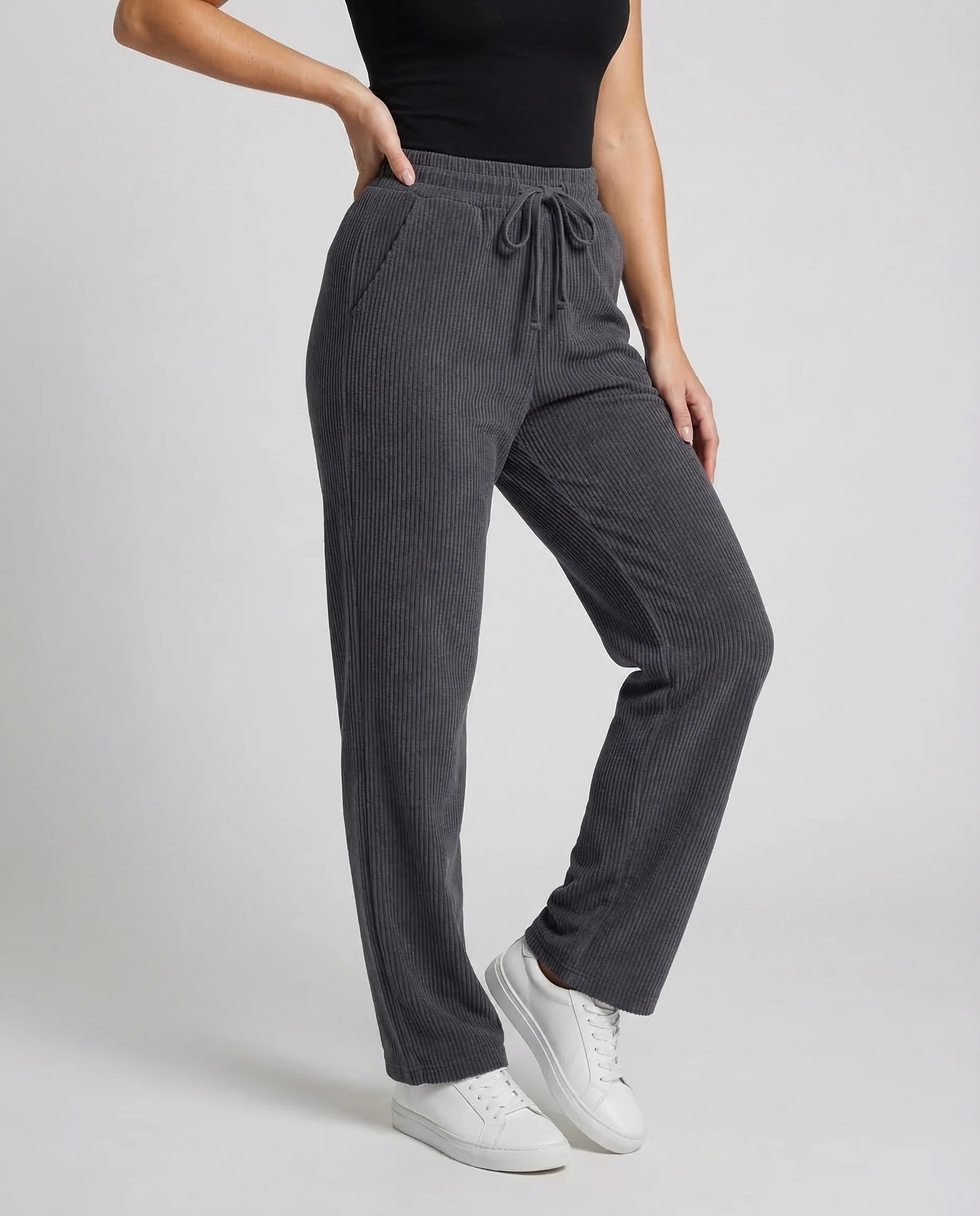 Damen Thermo Cordhose Hochgeschnitten mit Elastischem Bund und Weitem Bein - Image 2