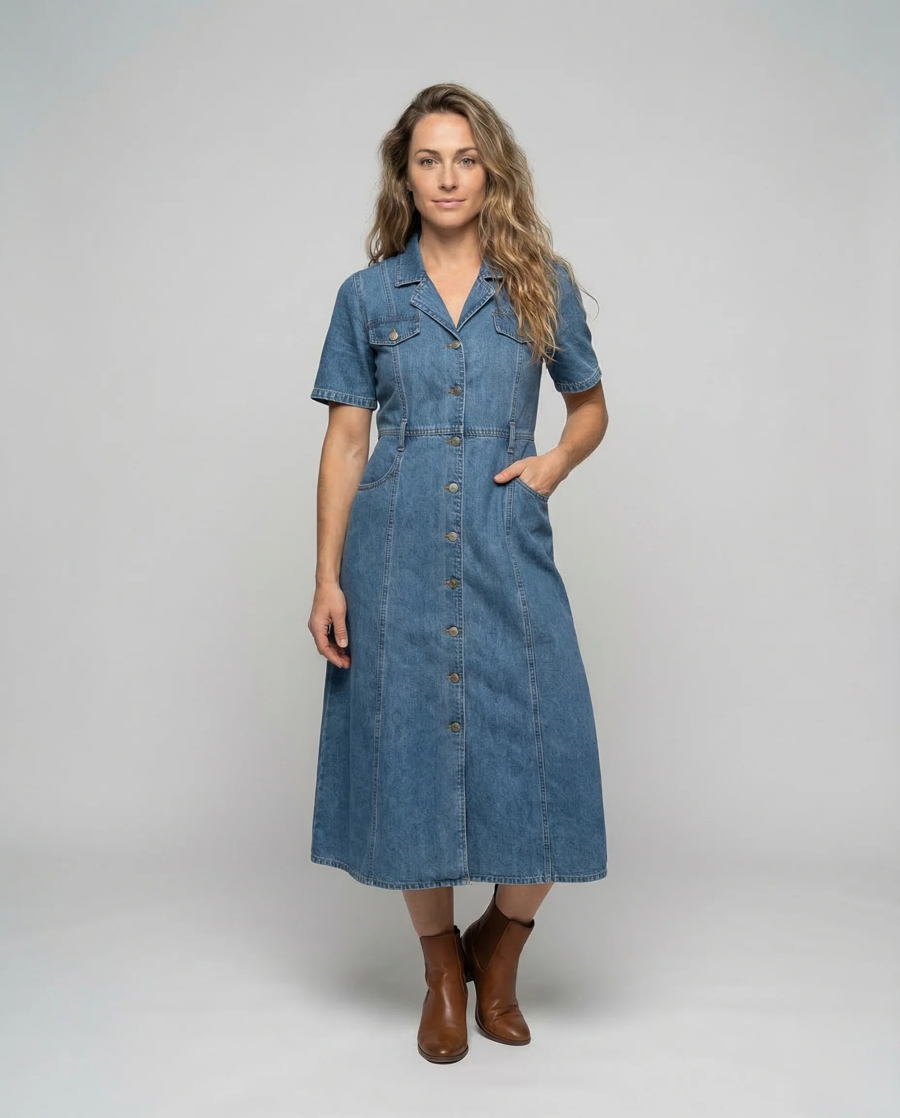 Freizeitkleid Damen Denim Midikleid