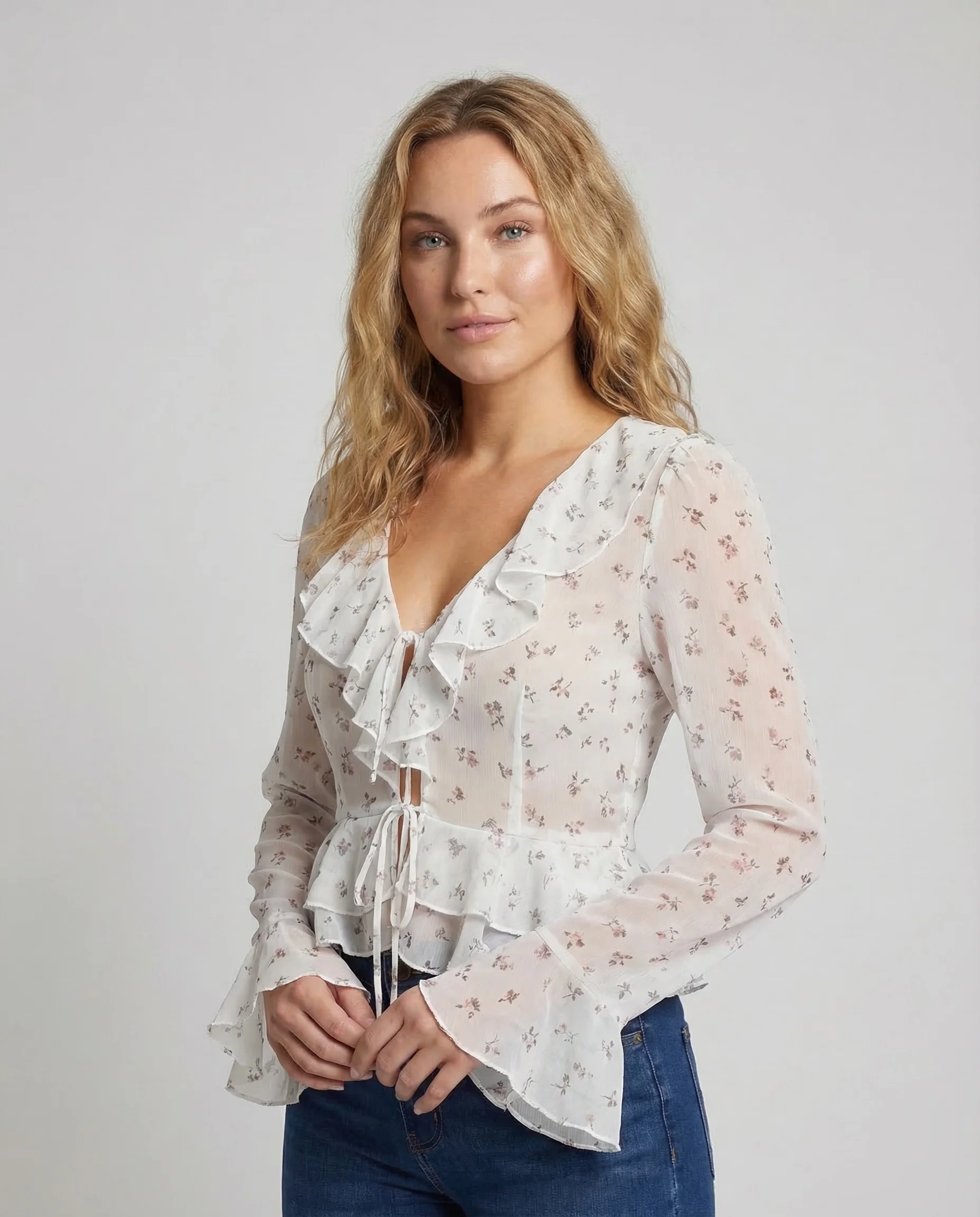 Damen Chiffonbluse Raffung Volantkragen - Image 2