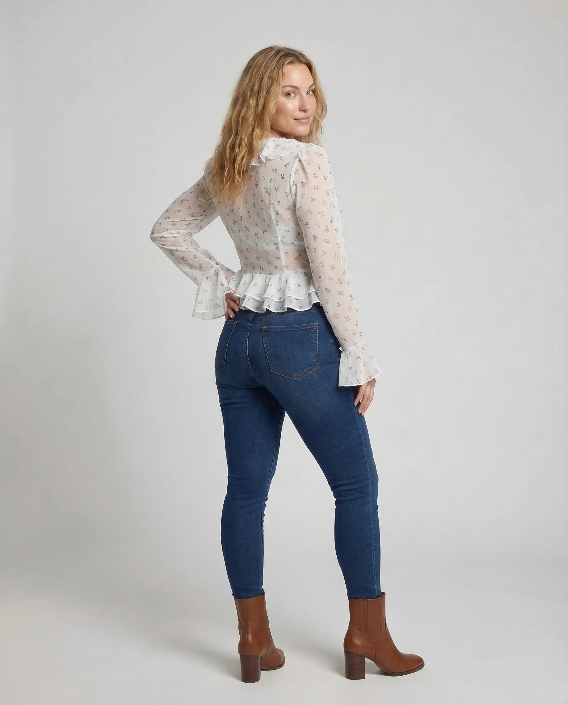 Damen Chiffonbluse Raffung Volantkragen - Image 4