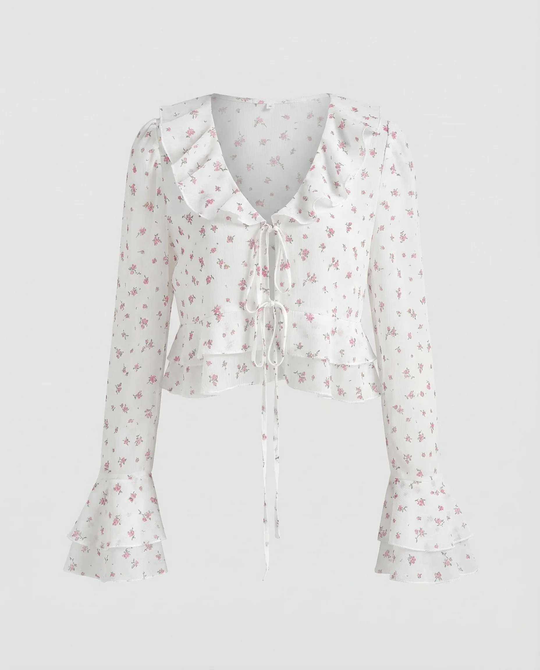 Damen Chiffonbluse Raffung Volantkragen - Image 5