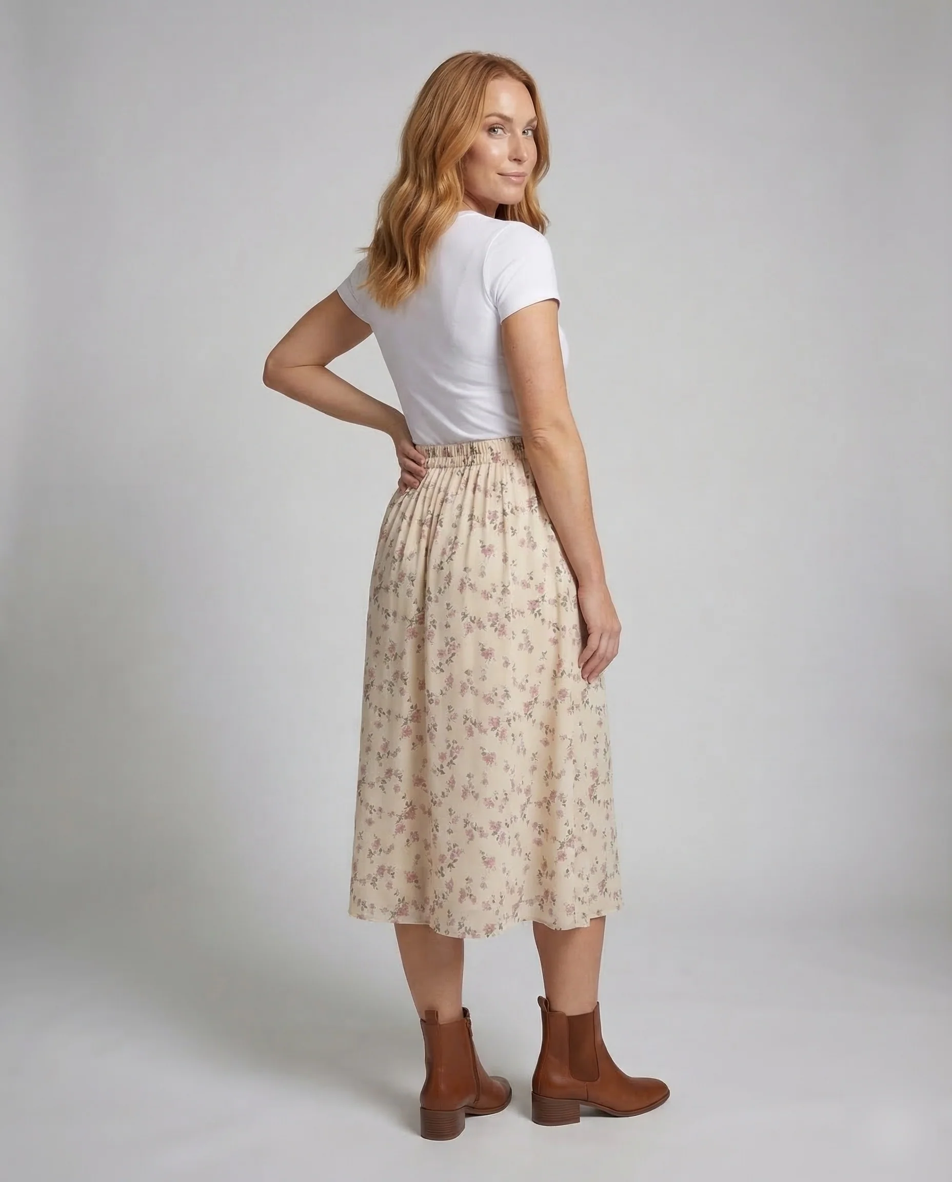 Damen Midirock Blumen Raffung - Image 3