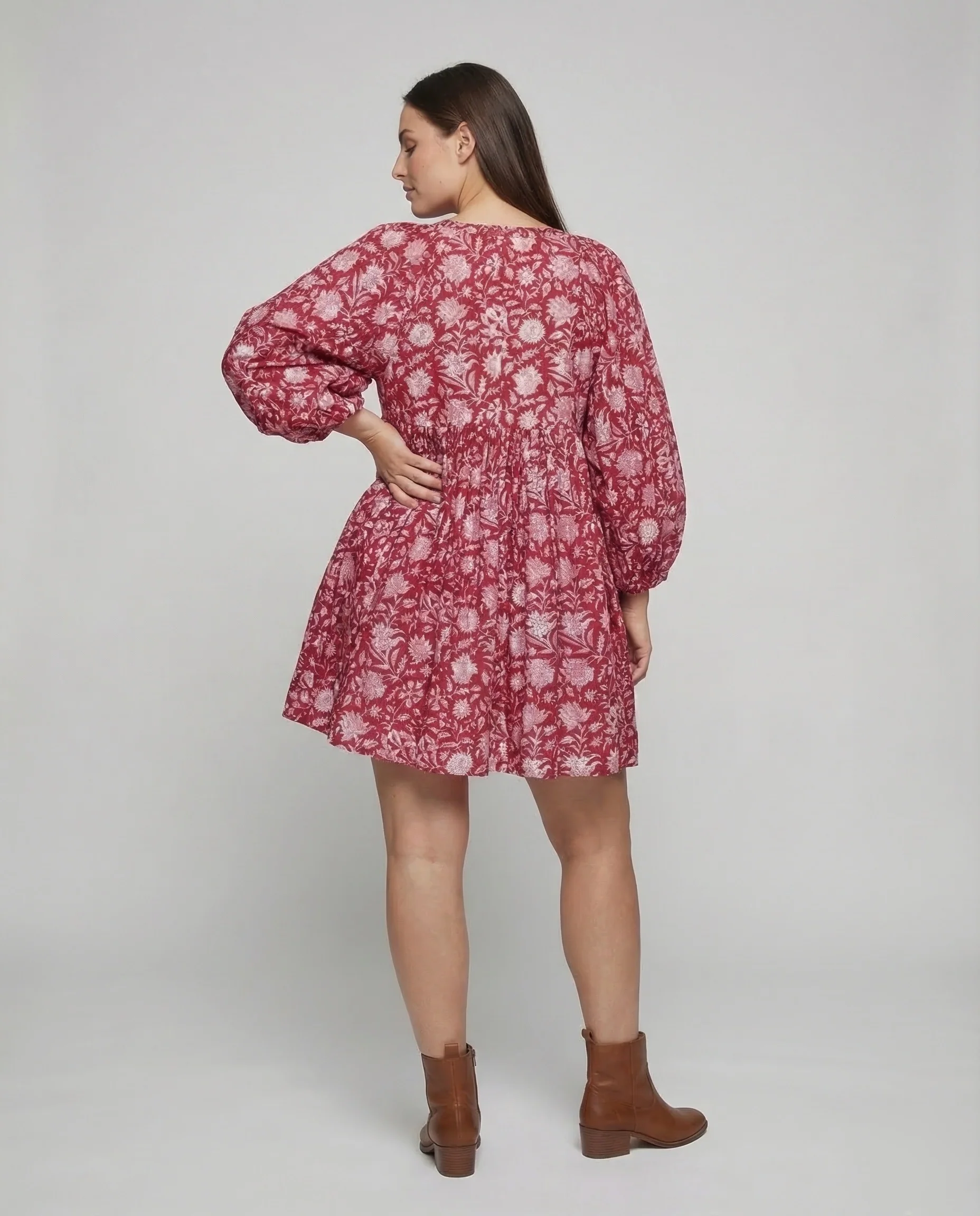 Babydoll Kleid Damen V-Ausschnitt Puffärmel - Image 4