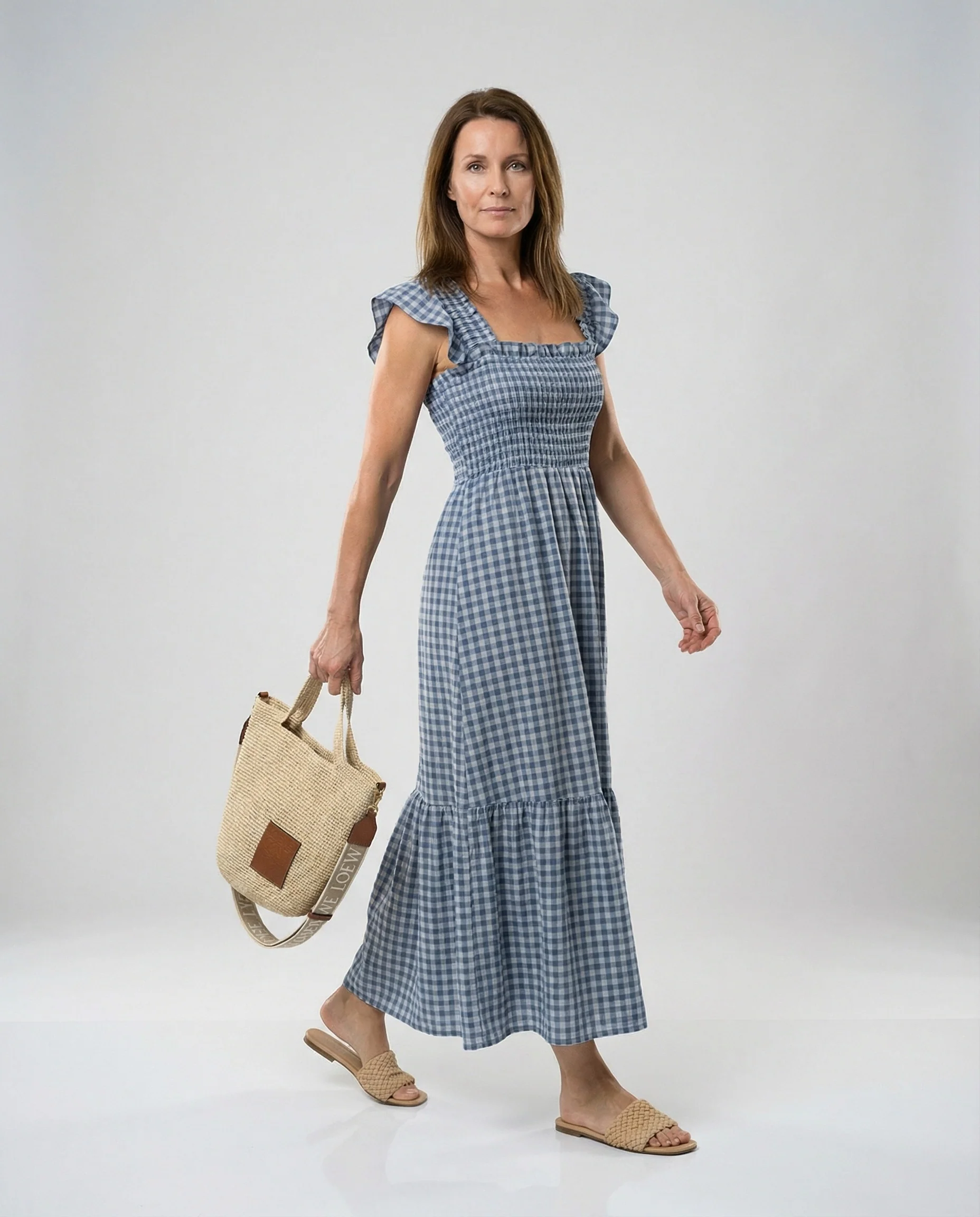 Damen Maxikleid gerafft mit Volants