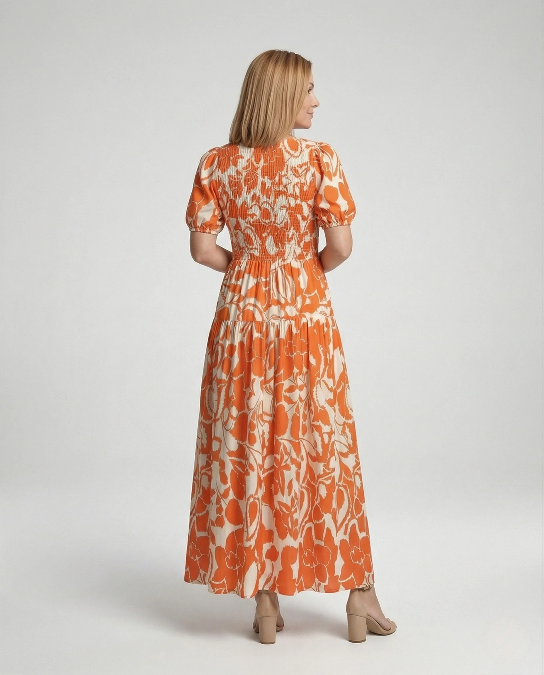 Damen Midikleid mit gesmokter Taille und Ballonärmeln - Image 4