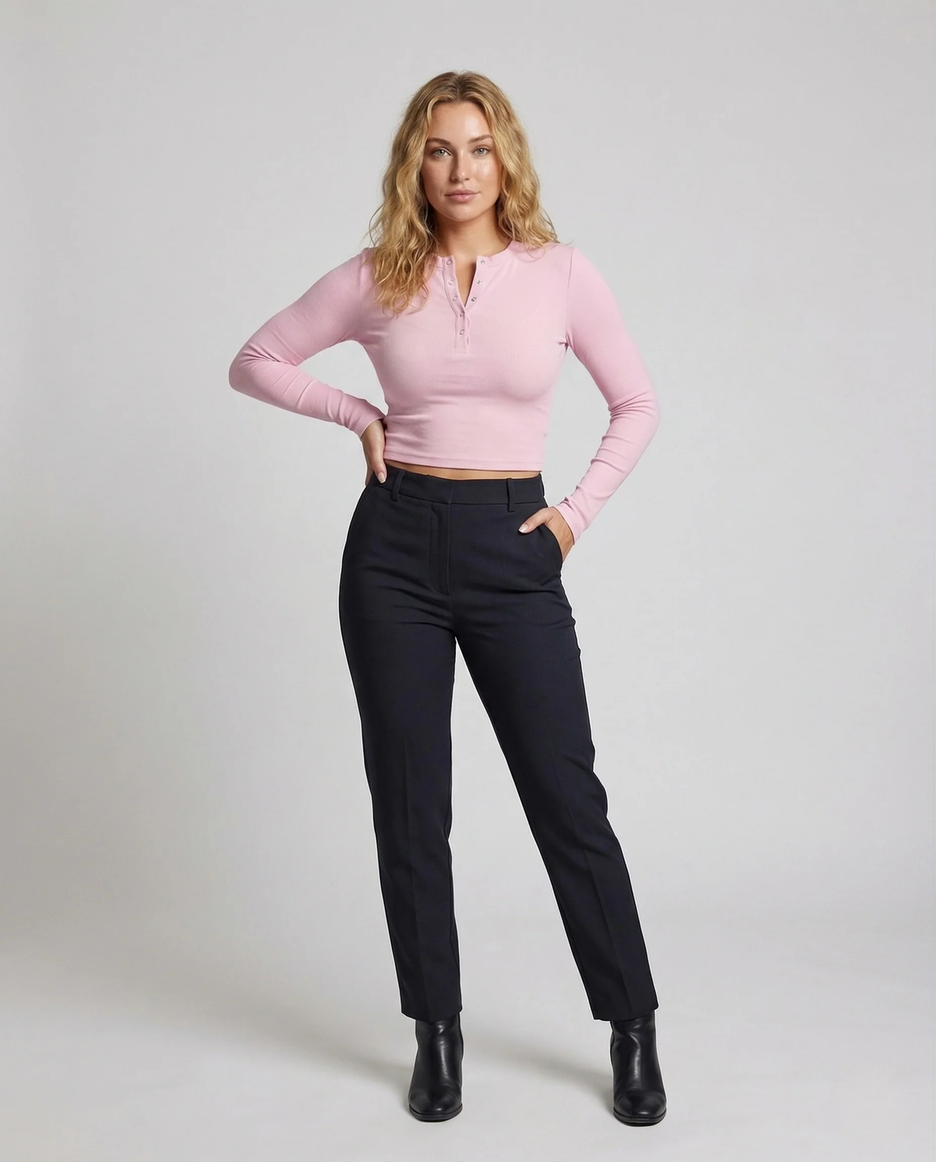 Damen Ripp Langarmshirt Druckknopfleiste