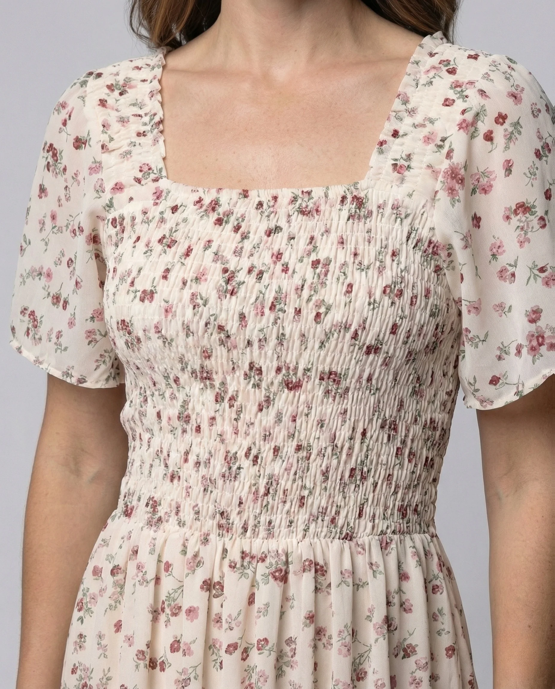 Damen Gesmoktes Midikleid mit Puffärmeln - Image 3