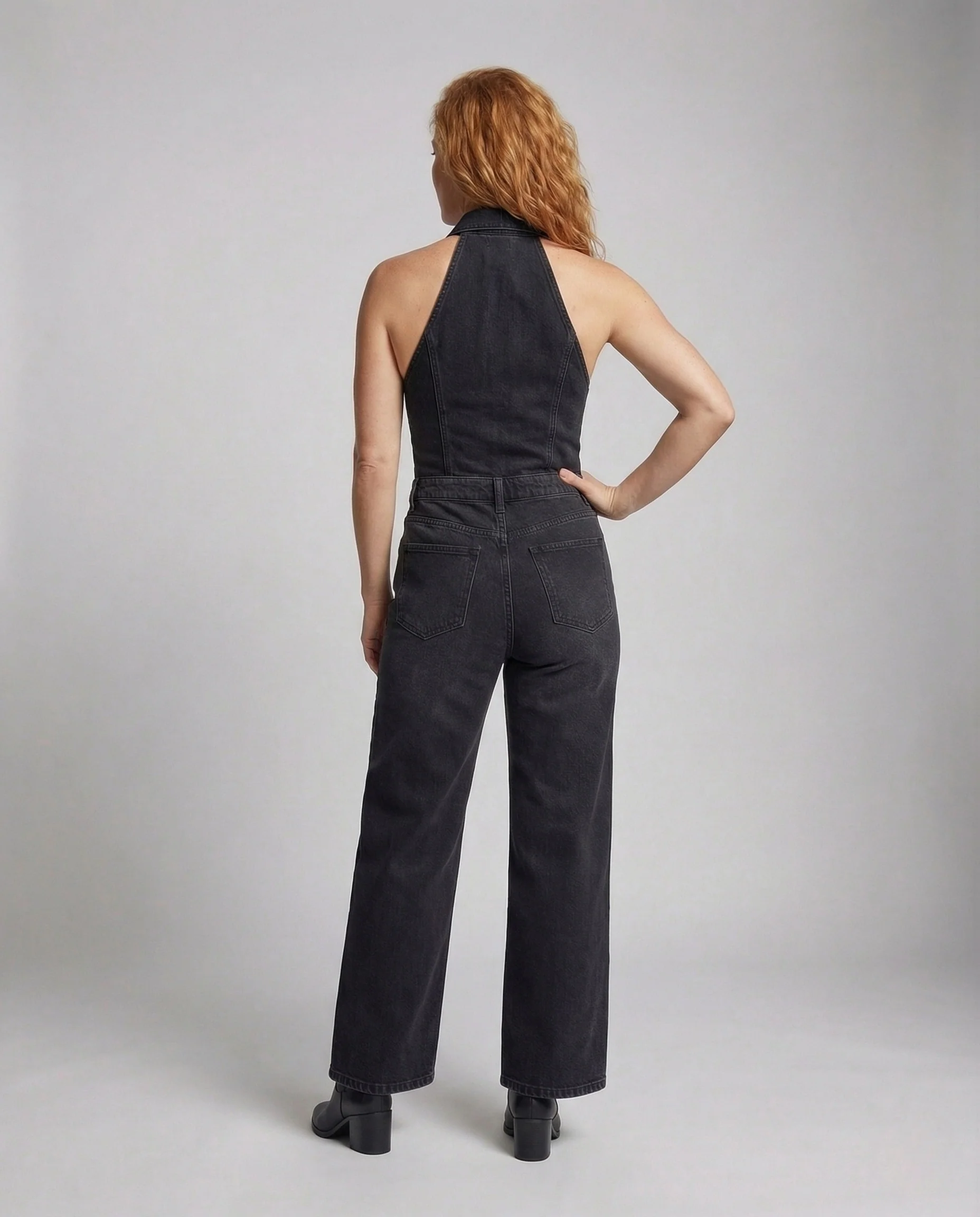 Damen Halter Jeans Overall Tailliert mit Weitem Bein - Image 3