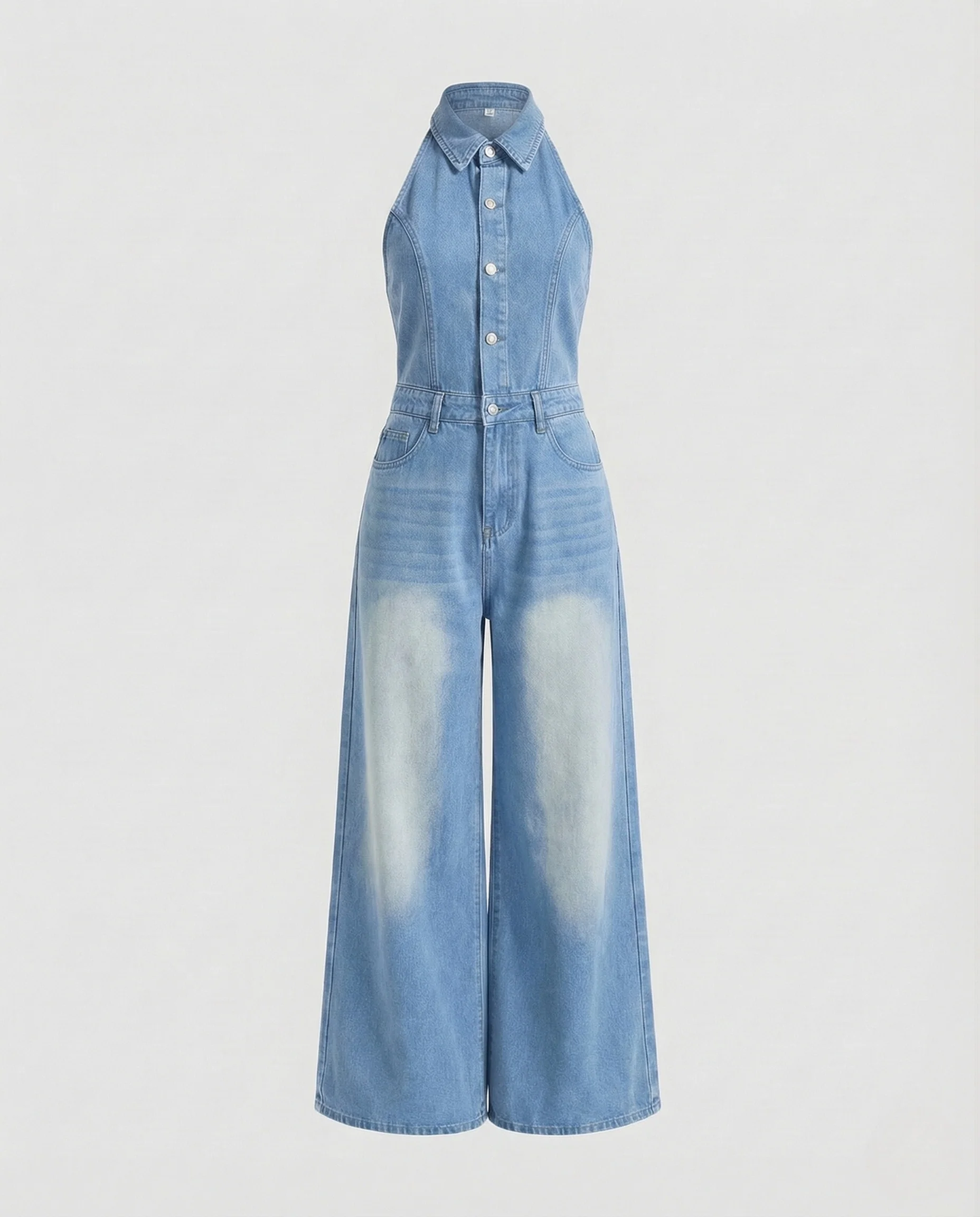 Damen Halter Jeans Overall Tailliert mit Weitem Bein - Image 7