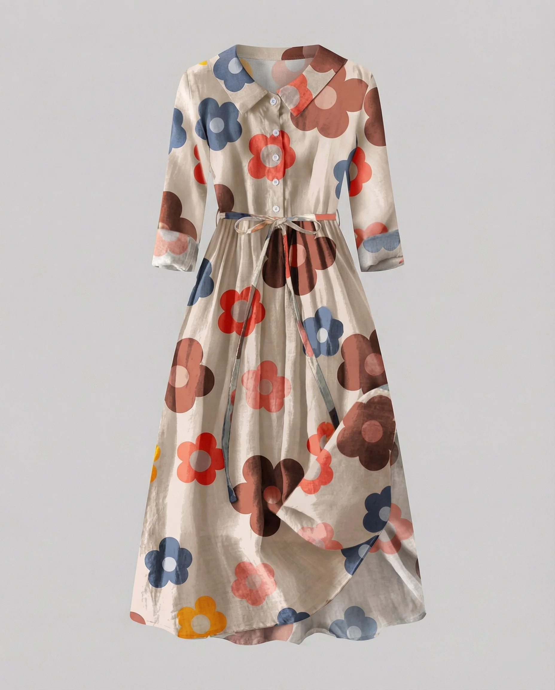 Damen Maxikleid Hemdblusenkleid Gänseblümchen