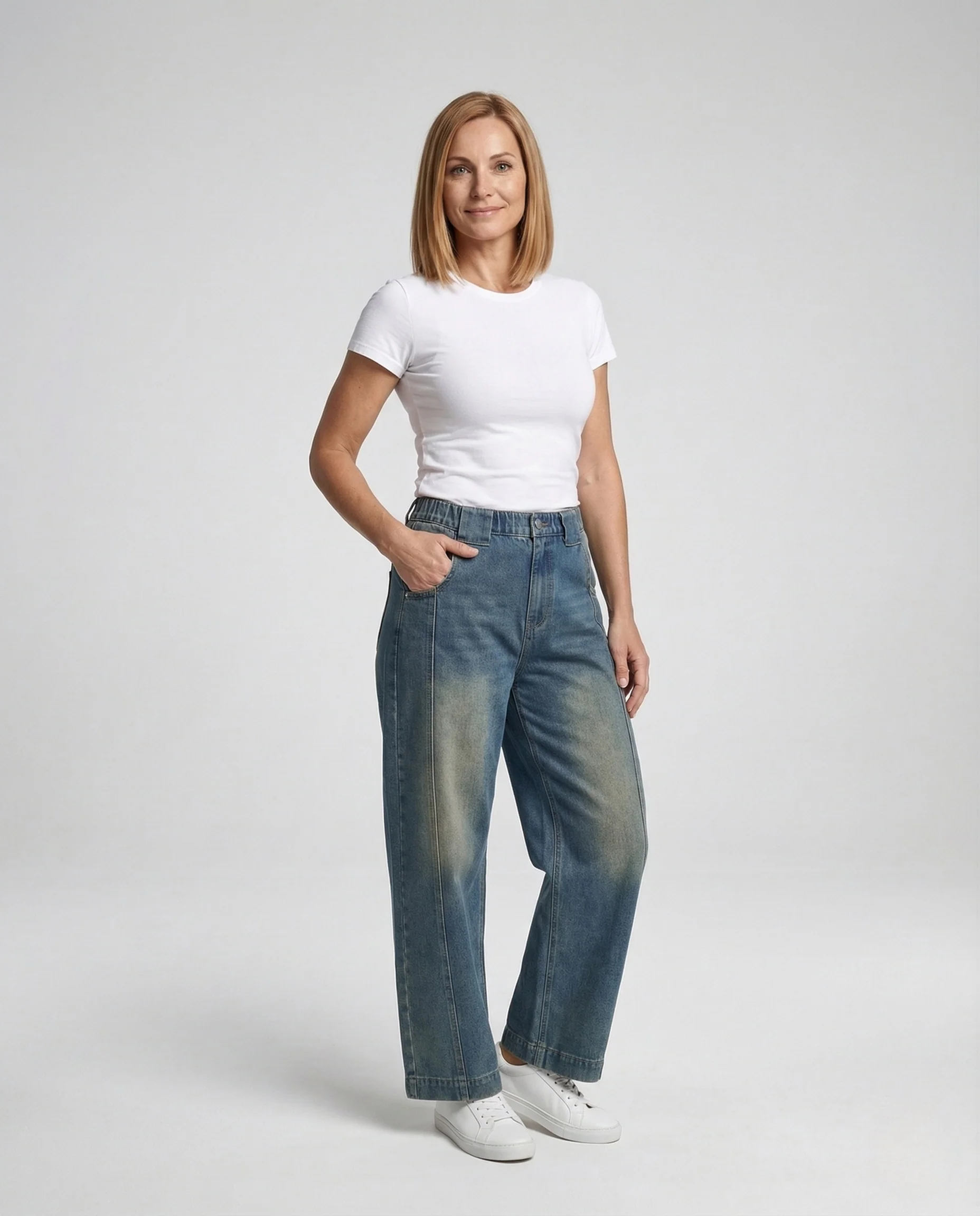 Damen High Waist Jeans mit Mittelnaht & weitem Bein Vintage Denim