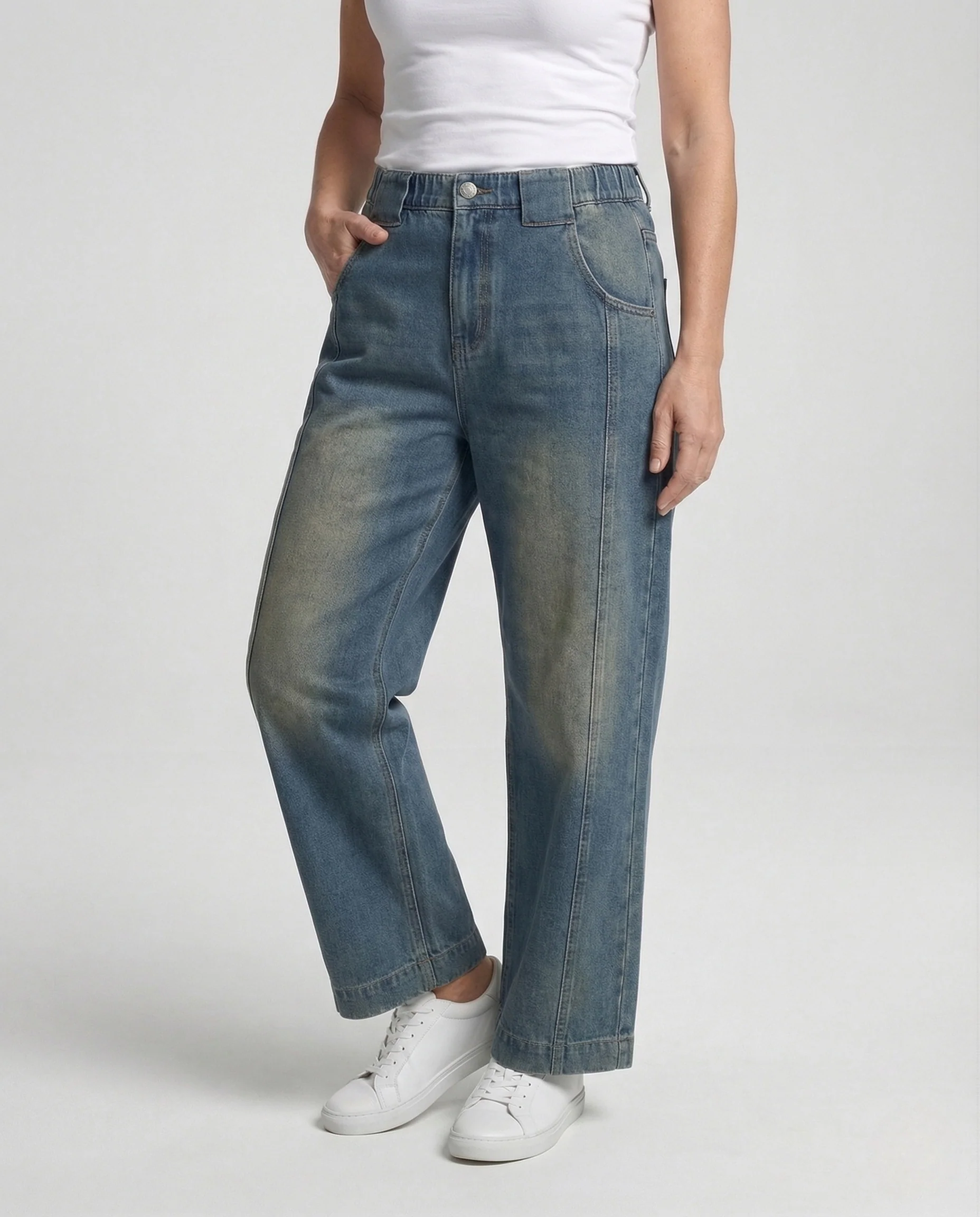 Damen High Waist Jeans mit Mittelnaht & weitem Bein Vintage Denim - Image 2