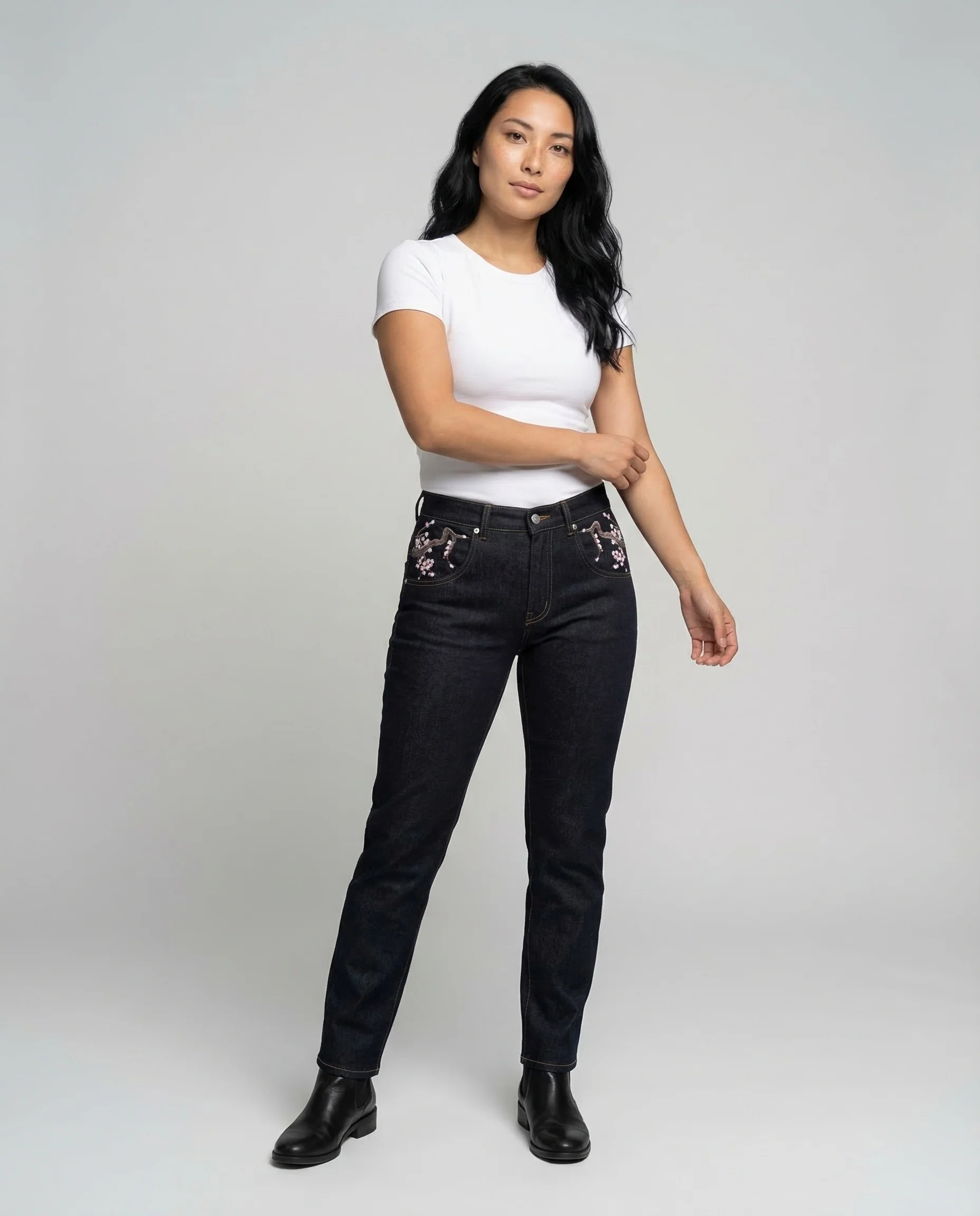Damen Jeans High Waist Perlenstickerei - Image 3